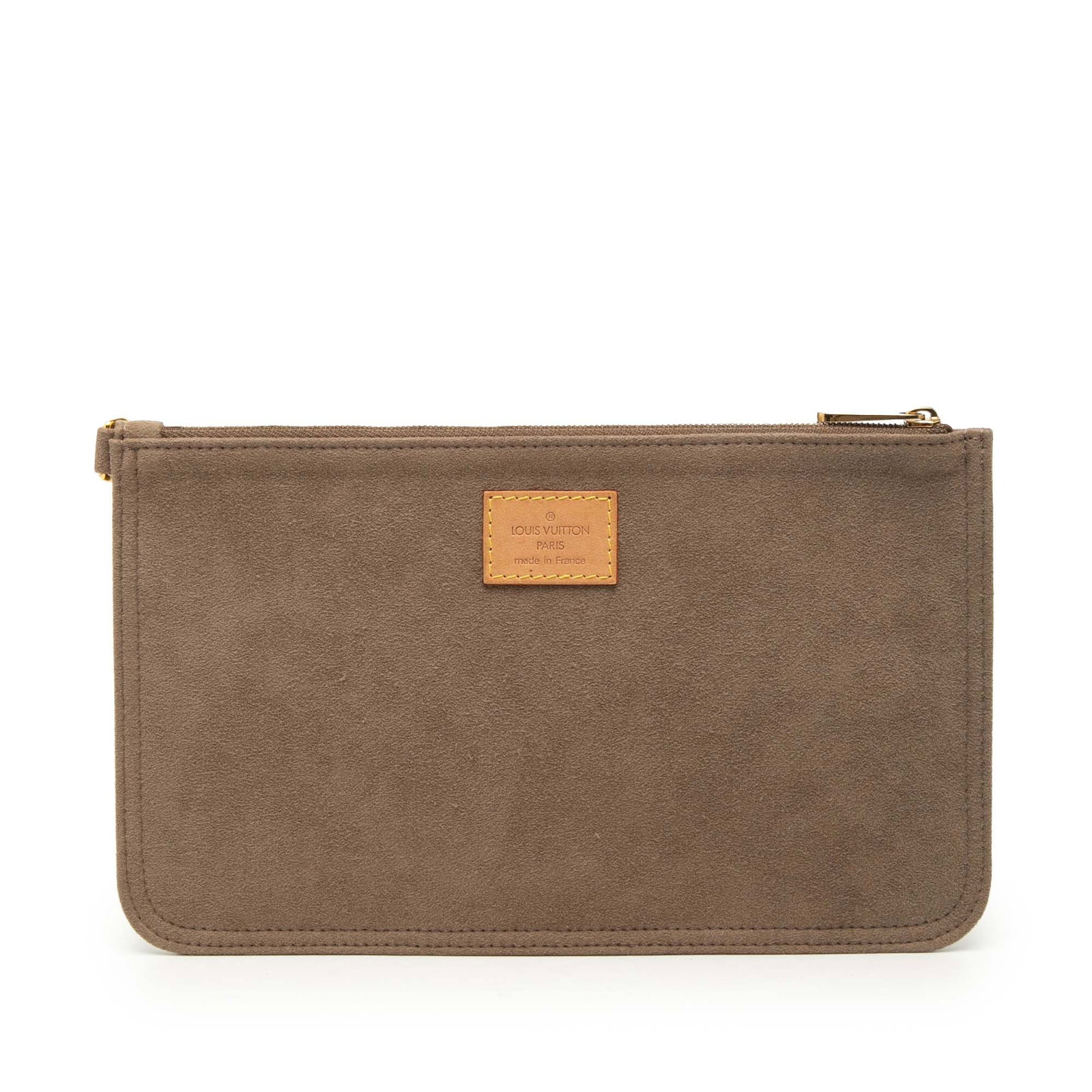 Louis Vuitton Aurelia GM suede leather pouch: Louis Vuitton Aurelia GM suede leather pouch This Louis Vuitton Suede Aurelia GM Pouch features a brown suede leather body with a top zip closure. The pouch is designed for practicality, though it sho