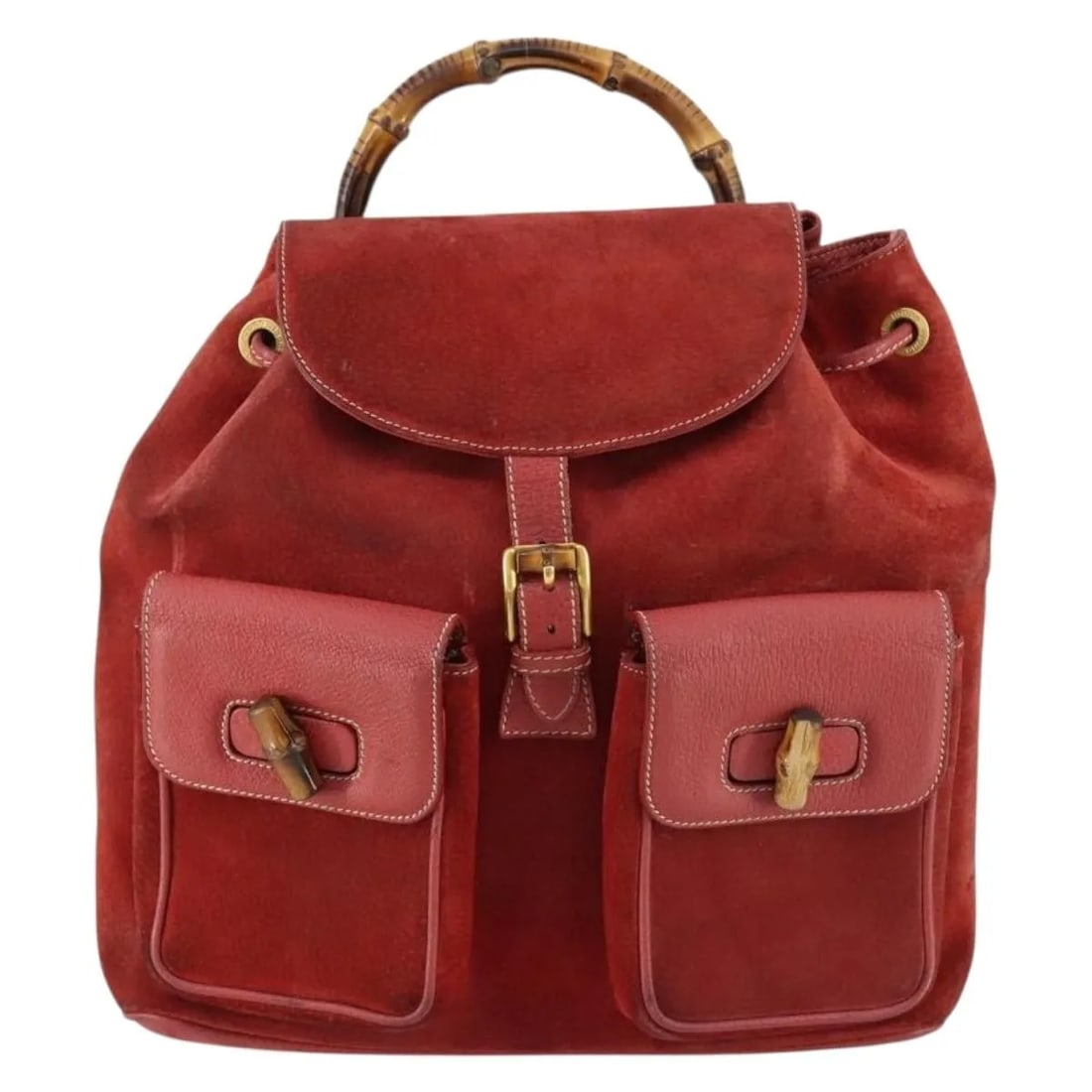 Gucci Vintage Bamboo red suede backpack: Gucci Vintage Bamboo red suede backpack This Gucci Vintage Bamboo Backpack is crafted from red suede and designed for women. It features a spacious interior and classic styling. Please note, the bambo