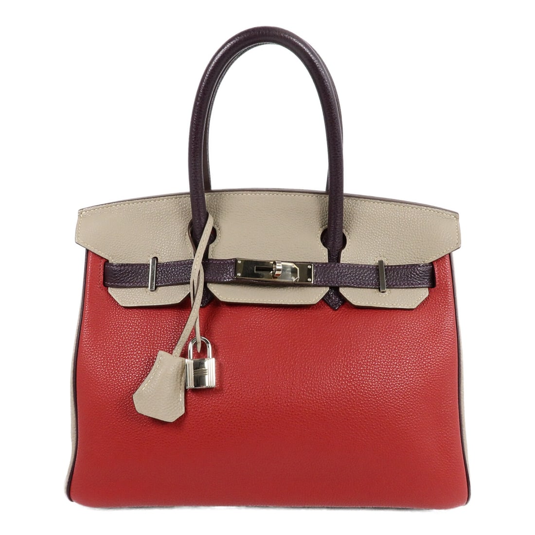 Hermes Birkin 30 Togo Calfskin Handbag 3 Tone PHW: Hermes Birkin 30 Togo Calfskin Handbag 3 Tone PHW A Hermes Birkin 30 hand bag in Togo leather with calfskin (cowhide) details and PHW hardware, presented in a 3-tone colorway. The bag includes a belt 