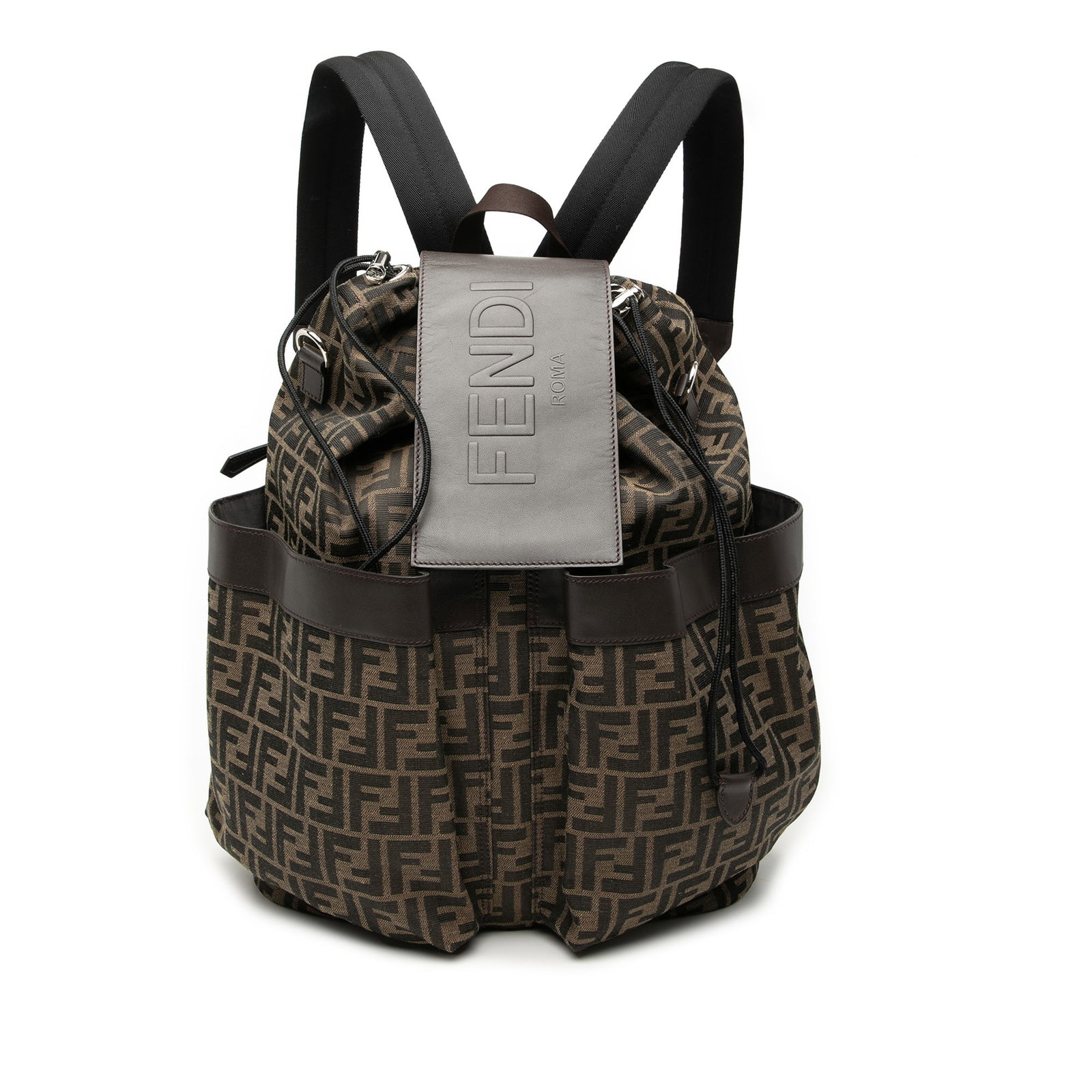 Fendi Zucca Canvas Strike Backpack with Leather Trim and Drawstring Closure: Fendi Zucca Canvas Strike Backpack with Leather Trim and Drawstring Closure This Fendi Large Zucca Canvas Strike Backpack features a canvas body with leather trim, a flat top handle, adjustable flat b