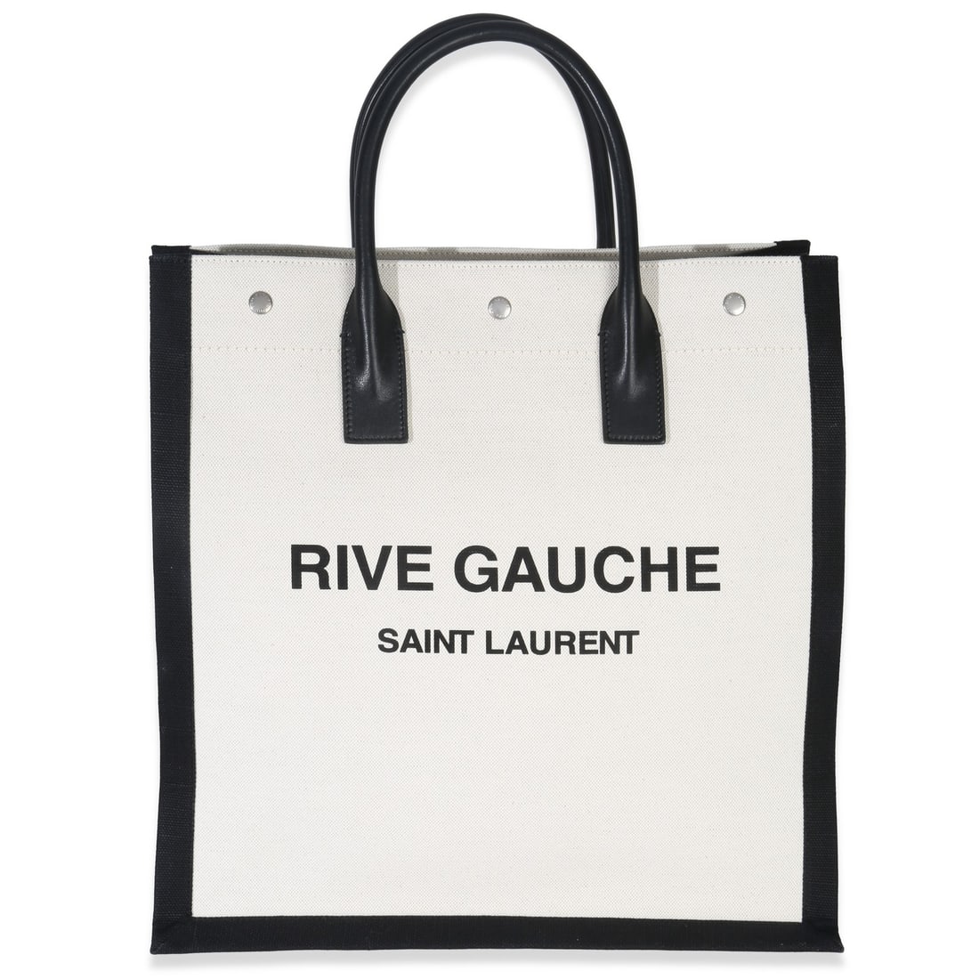 Saint Laurent Rive Gauche North South Beige Canvas Tote: Saint Laurent Rive Gauche North South Beige Canvas Tote This Saint Laurent Rive Gauche North South Tote is crafted from beige canvas with a matching canvas lining. It features silver-tone hardware, a 