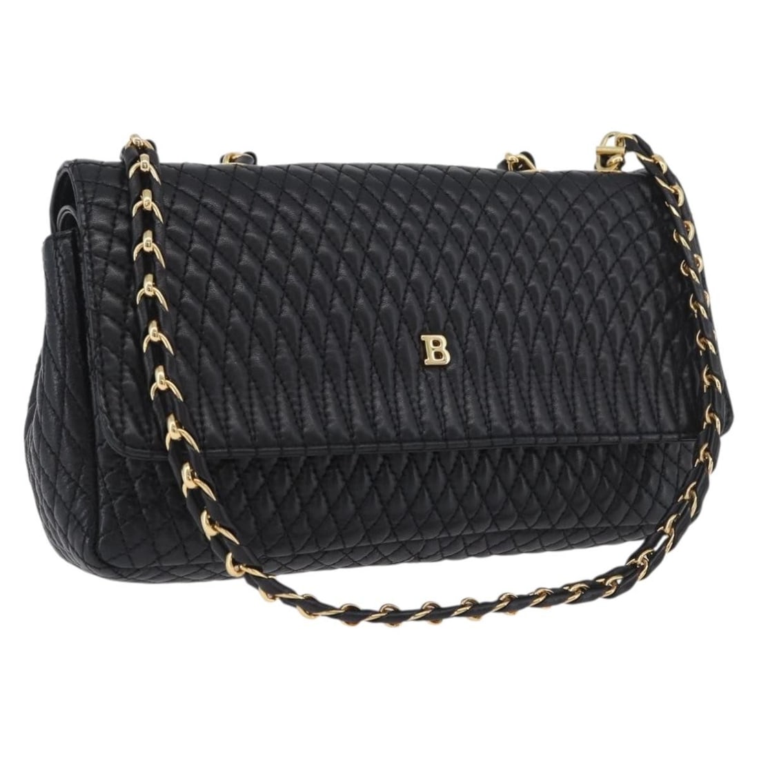 Black Quilted Leather Shoulder Bag by BALLY with Gold Chain Strap: Black Quilted Leather Shoulder Bag by BALLY with Gold Chain Strap This Bally quilted chain shoulder bag features a black leather exterior with gold-tone accents, offering a stylish option for women. T