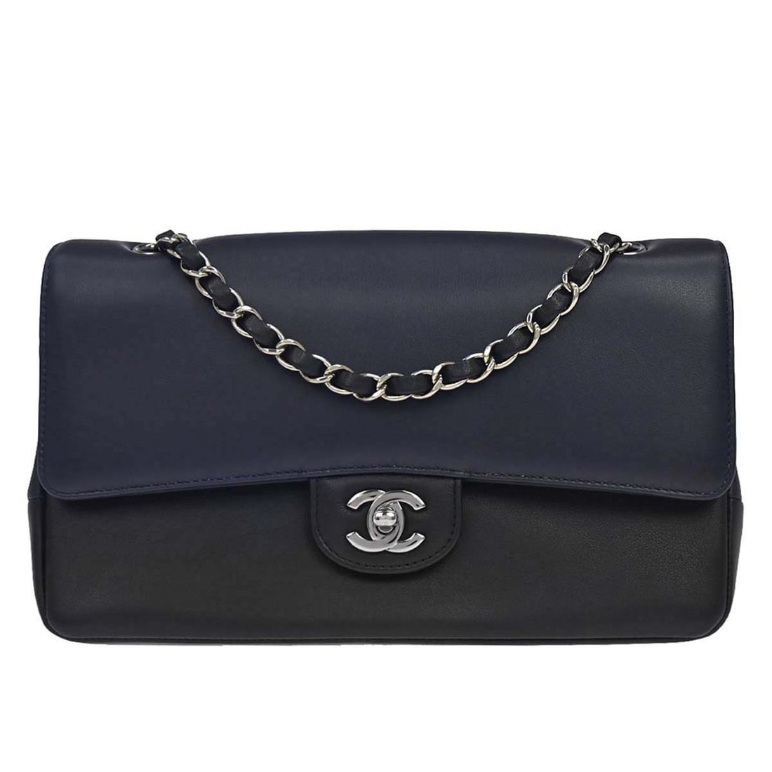 CHANEL Classic Double Flap Medium Shoulder Bag Black Caviar Leather: CHANEL Classic Double Flap Medium Shoulder Bag Black Caviar Leather Chanel Classic Double Flap Medium shoulder bag in navy and black calfskin. It features a matelasse pattern, turnlock closure, should