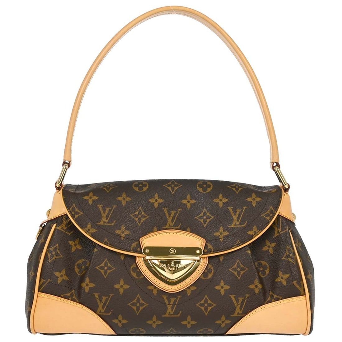 Louis Vuitton Beverly MM Brown Monogram Top Handle Bag M40121: Louis Vuitton Beverly MM Brown Monogram Top Handle Bag M40121 Louis Vuitton Beverly MM handbag in brown Monogram canvas with leather trim and a top handle design. This medium handbag features a clasp 