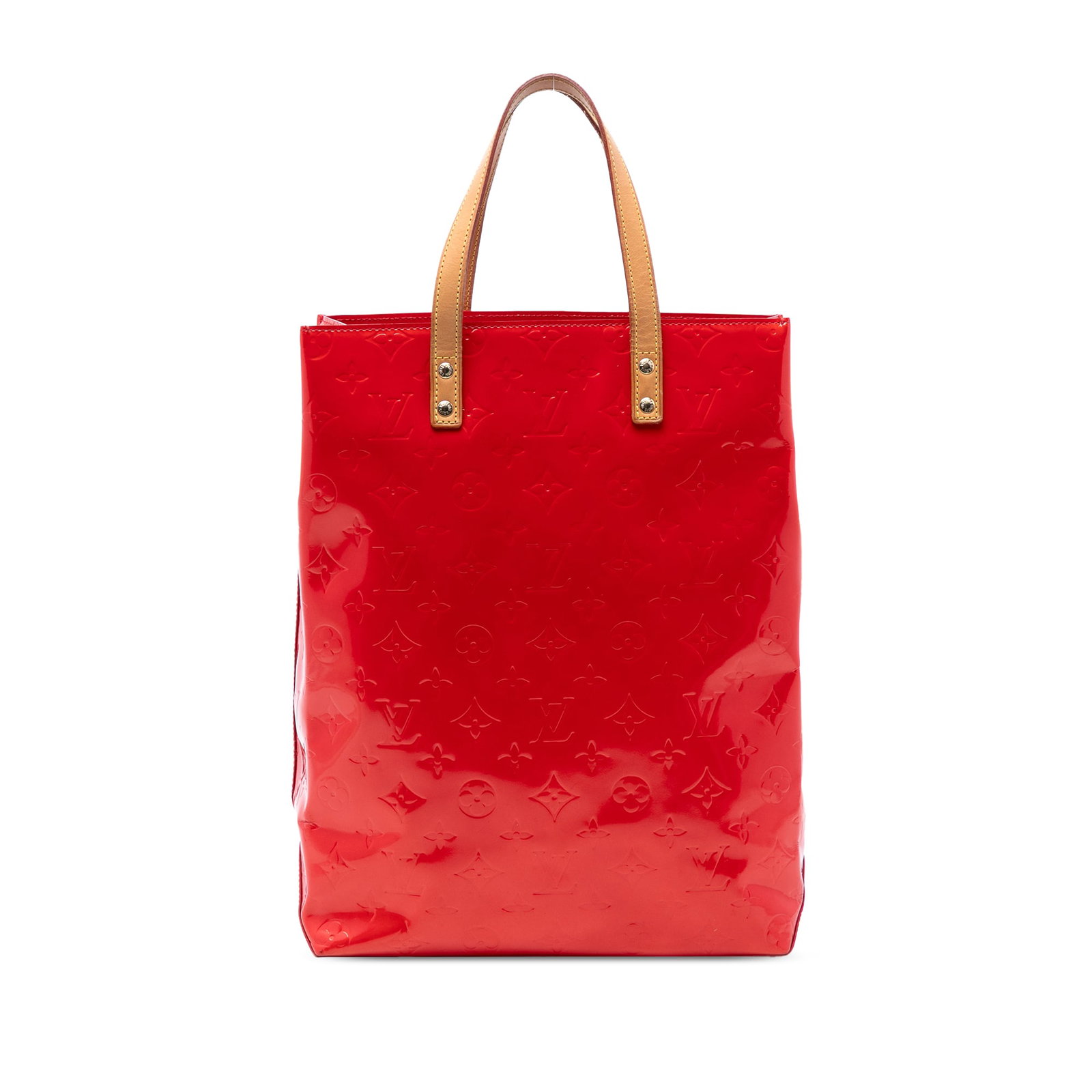 Louis Vuitton Reade MM Red Vernis Leather Tote with Vachetta Handles: Louis Vuitton Reade MM Red Vernis Leather Tote with Vachetta Handles This Louis Vuitton Monogram Vernis Reade MM bag features a glossy vernis leather body in red, complemented by flat vachetta leather