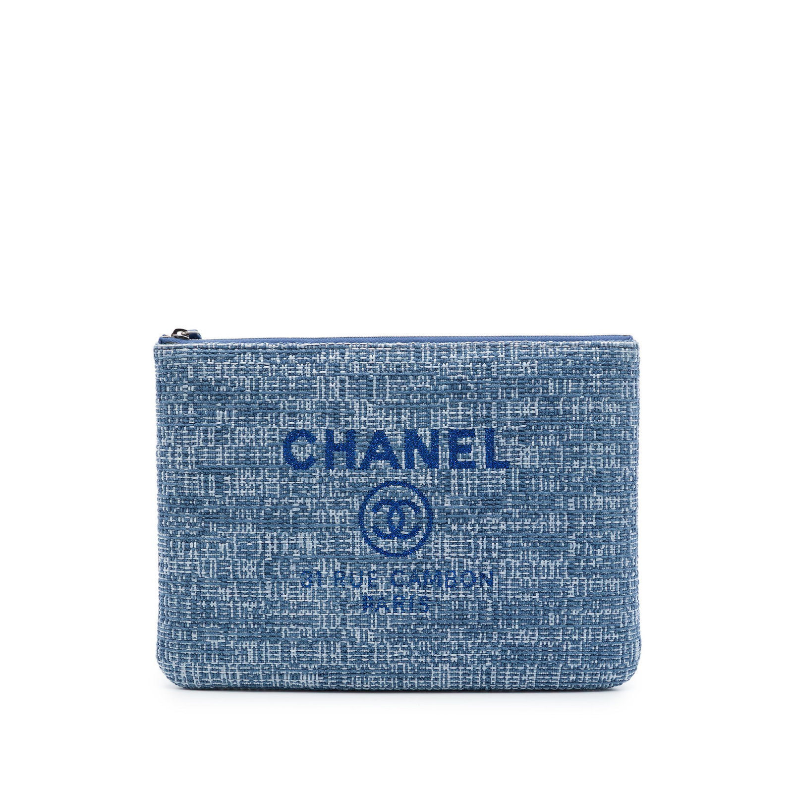 Chanel Deauville O Case Medium Tweed Zip Clutch Blue: Chanel Deauville O Case Medium Tweed Zip Clutch Blue Medium Tweed Deauville O Case clutch with a tweed body, top zip closure, and blue color. Made in Italy, this bag is categorized as a fabric bag and