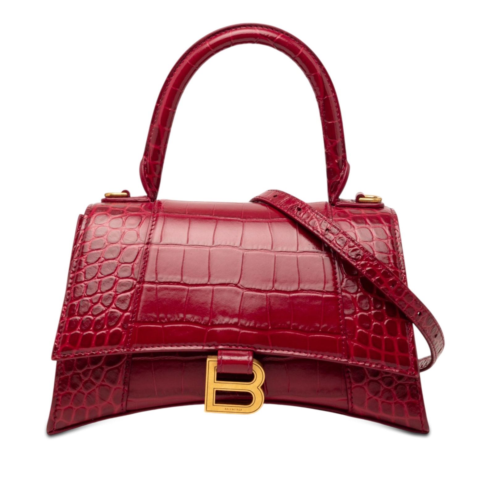 Balenciaga Hourglass red leather top handle bag: Balenciaga Hourglass red leather top handle bag This Balenciaga Small Croc Embossed Hourglass Top Handle Bag features a distinctive embossed leather body in red, complemented by a rolled top handle an
