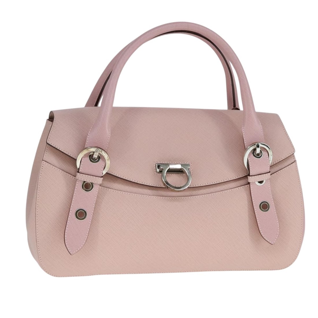 Pink Leather Gancini Handbag by Salvatore Ferragamo Italy: Pink Leather Gancini Handbag by Salvatore Ferragamo Italy This Salvatore Ferragamo Gancini handbag is crafted from pink leather and designed for women. Made in Italy, it features a structured silhouet
