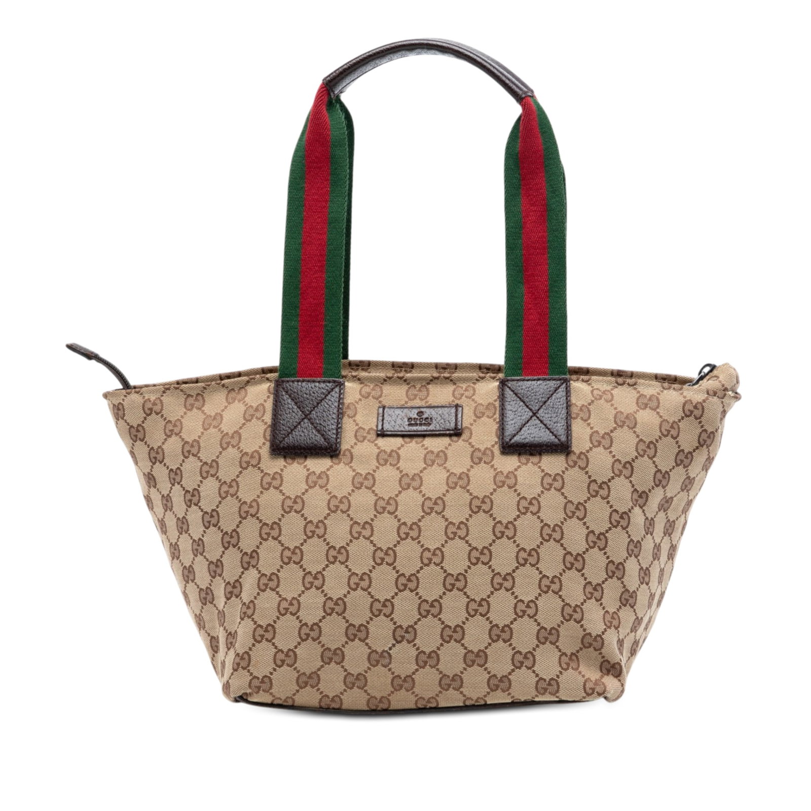 Gucci GG Canvas Web Beige Tote Bag: Gucci GG Canvas Web Beige Tote Bag This Gucci GG Canvas Web Tote features a beige canvas body accented with leather trim and flat nylon and leather handles. The bag is secured with a top zip closure a