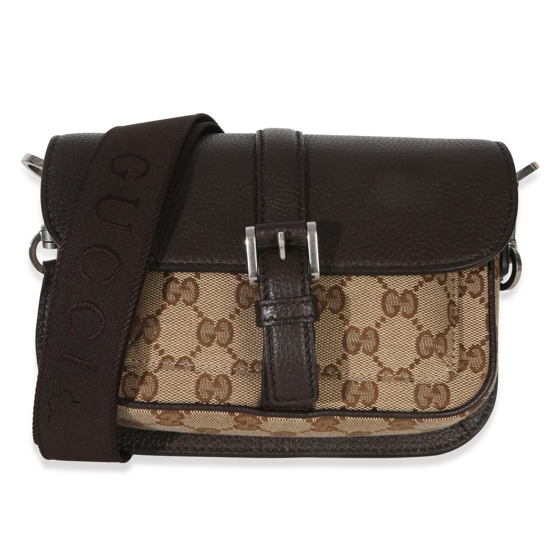 Gucci Mini Buckle Crossbody GG Canvas Beige Brown Bag: Gucci Mini Buckle Crossbody GG Canvas Beige Brown Bag This Gucci Mini Buckle Crossbody Bag features the iconic beige and brown GG monogram canvas with a silver-tone buckle accent. Designed for versati