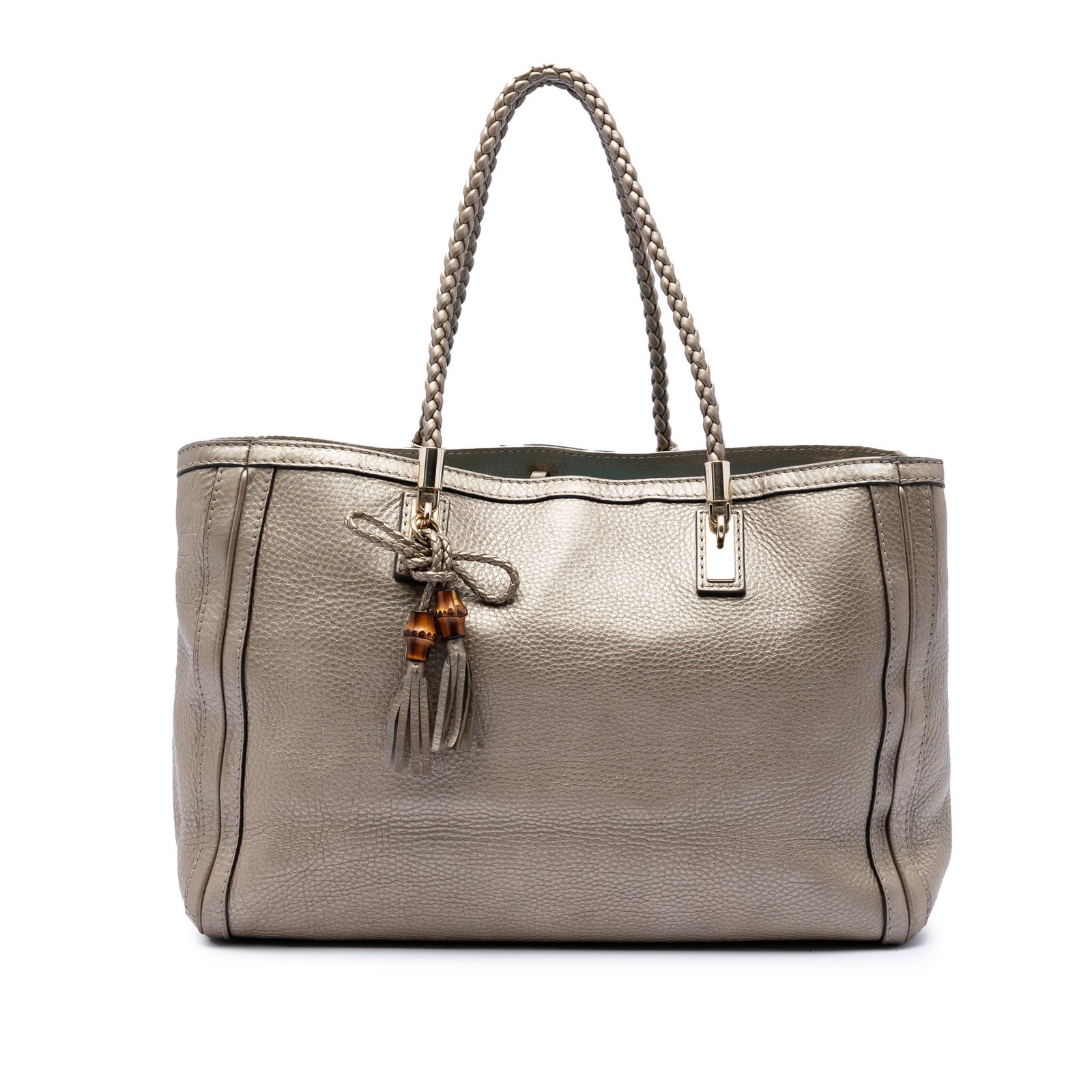Gucci Bella Gold Leather Tote Bag: Gucci Bella Gold Leather Tote Bag This Gucci Metallic Calfskin Bella Tote features a gold leather body with braided straps, an open top, and a spacious interior equipped with both zip and slip pockets