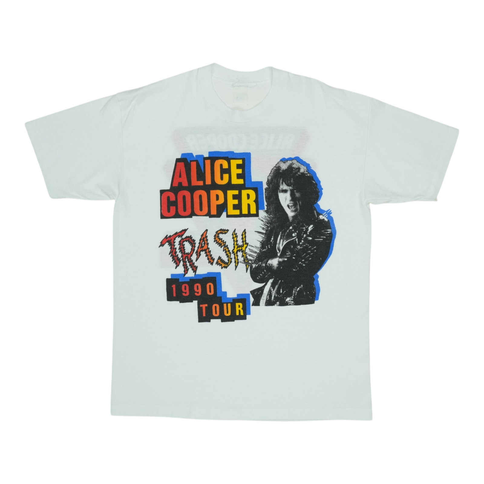 Vintage 1990 Alice Cooper Trash Tour White Cotton T-Shirt: Vintage 1990 Alice Cooper Trash Tour White Cotton T-Shirt This original vintage 1990 Alice Cooper Trash Tour shirt features front and back graphics. Made from 100% cotton, the shirt comes in white and