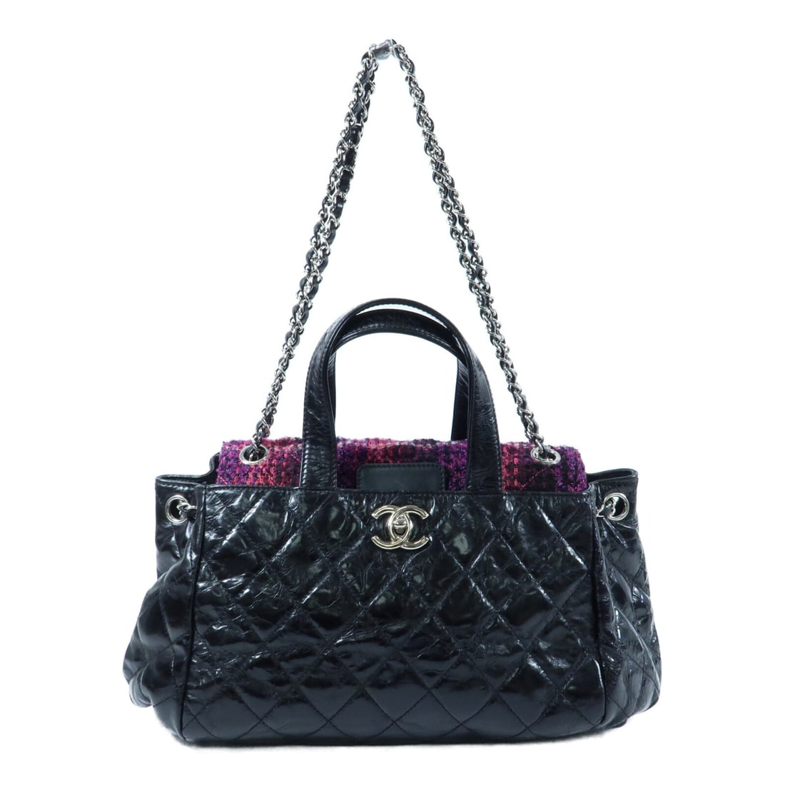 CHANEL Portobello 2 Way Tote Bag Black Calfskin Tweed Chain Strap: CHANEL Portobello 2 Way Tote Bag Black Calfskin Tweed Chain Strap CHANEL Portobello Tote 2 Way Chain Shoulder Bag in black calfskin (cowhide) and tweed. This women's bag features a turn lock closure, 