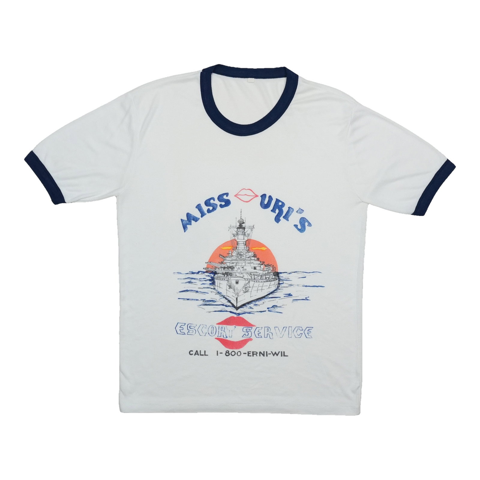 Vintage 1980s Battleship Missouri Escort Service Ringer T Shirt (1 of 5)