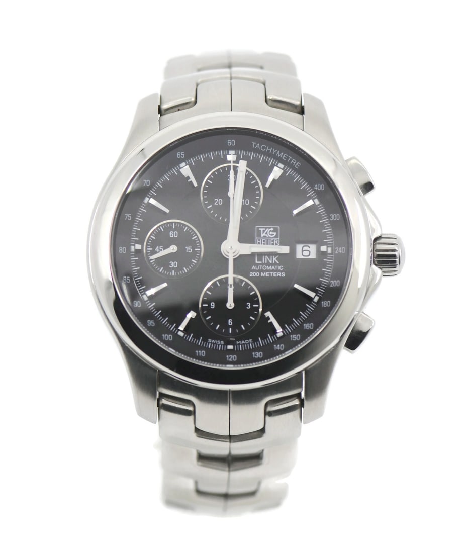 TAG Heuer Link CJF2110 Automatic Chronograph 42mm Steel Watch: TAG Heuer Link CJF2110 Automatic Chronograph 42mm Steel Watch This TAG Heuer Link Chronograph wristwatch, reference CJF2110, features a stainless steel case and bracelet with a silver-tone tachymeter 