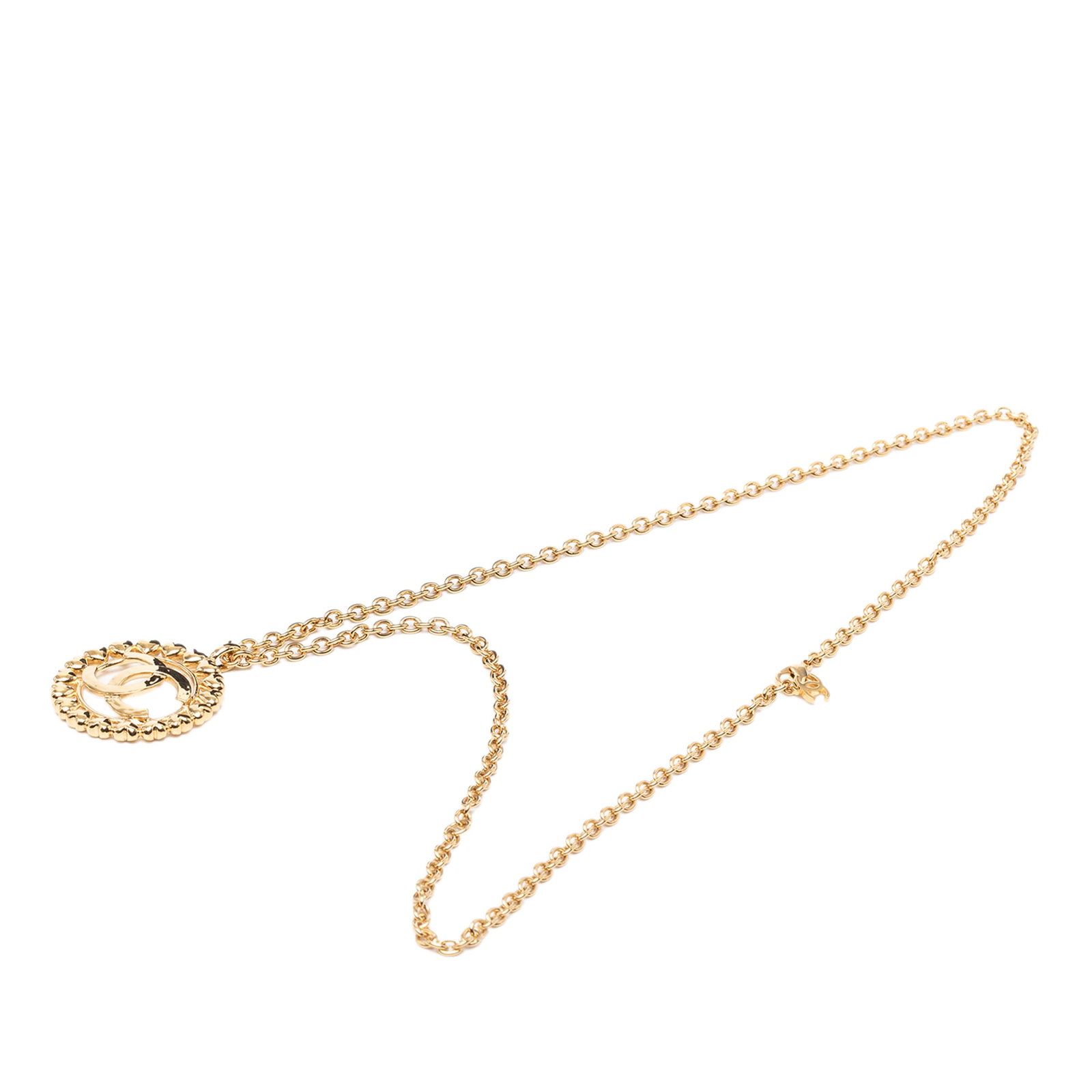 Chanel Heart Pendant Necklace with Gold Plated CC Medallion: Chanel Heart Pendant Necklace with Gold Plated CC Medallion This Chanel necklace features a gold-plated metal chain with a CC heart medallion pendant and a lobster clasp closure. The pendant displays 