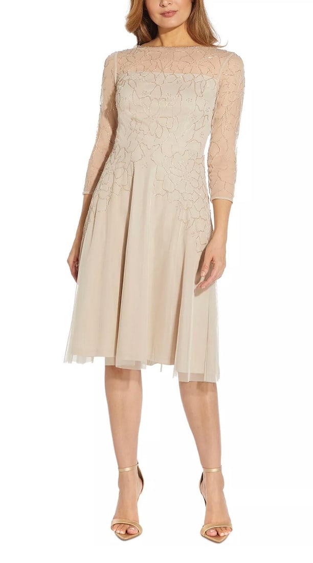 Adrianna Papell Beaded Fit & Flare Midi Dress Biscotti Size 8 (1 of 3)