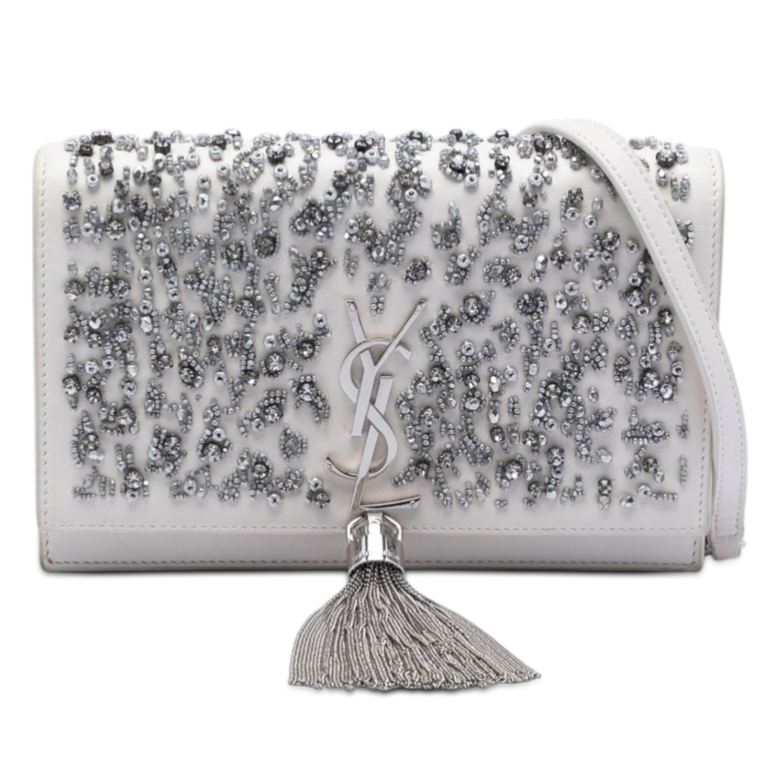 Beaded Leather Kate Wallet on Chain with Tassel by Saint Laurent: Beaded Leather Kate Wallet on Chain with Tassel by Saint Laurent This Saint Laurent Kate wallet on chain features a beaded leather body with a decorative tassel, a curb chain-link strap with a leather