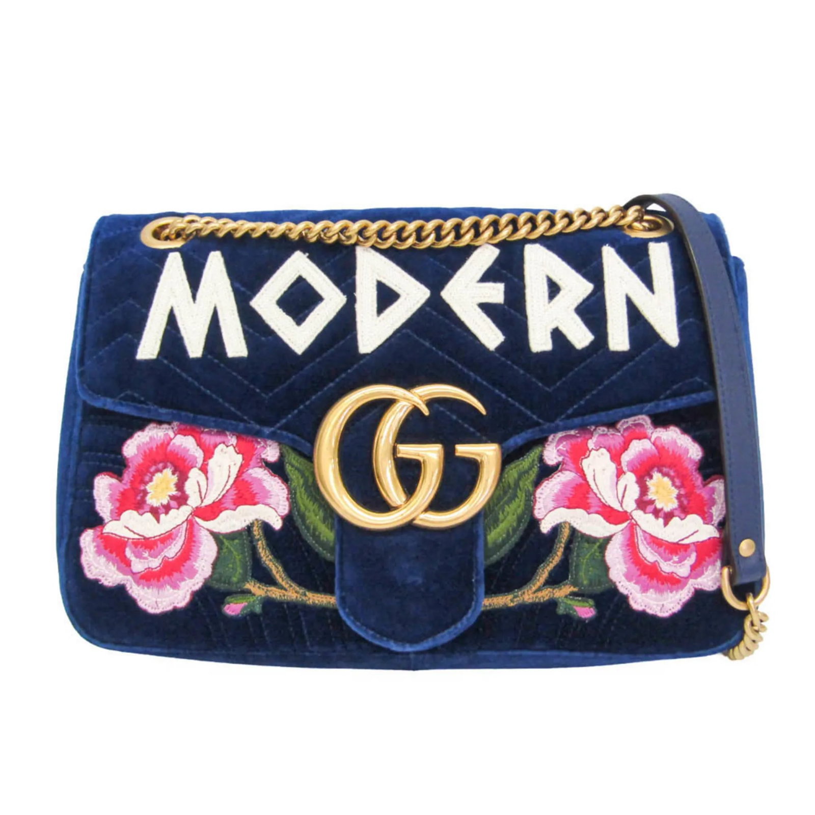 Gucci GG Marmont Flap Blue Velvet Shoulder Bag: Gucci GG Marmont Flap Blue Velvet Shoulder Bag Gucci GG Marmont Flap bag in blue embroidered matelasse velvet. This women's bag is made in Italy and remains in good condition, showing light scratching