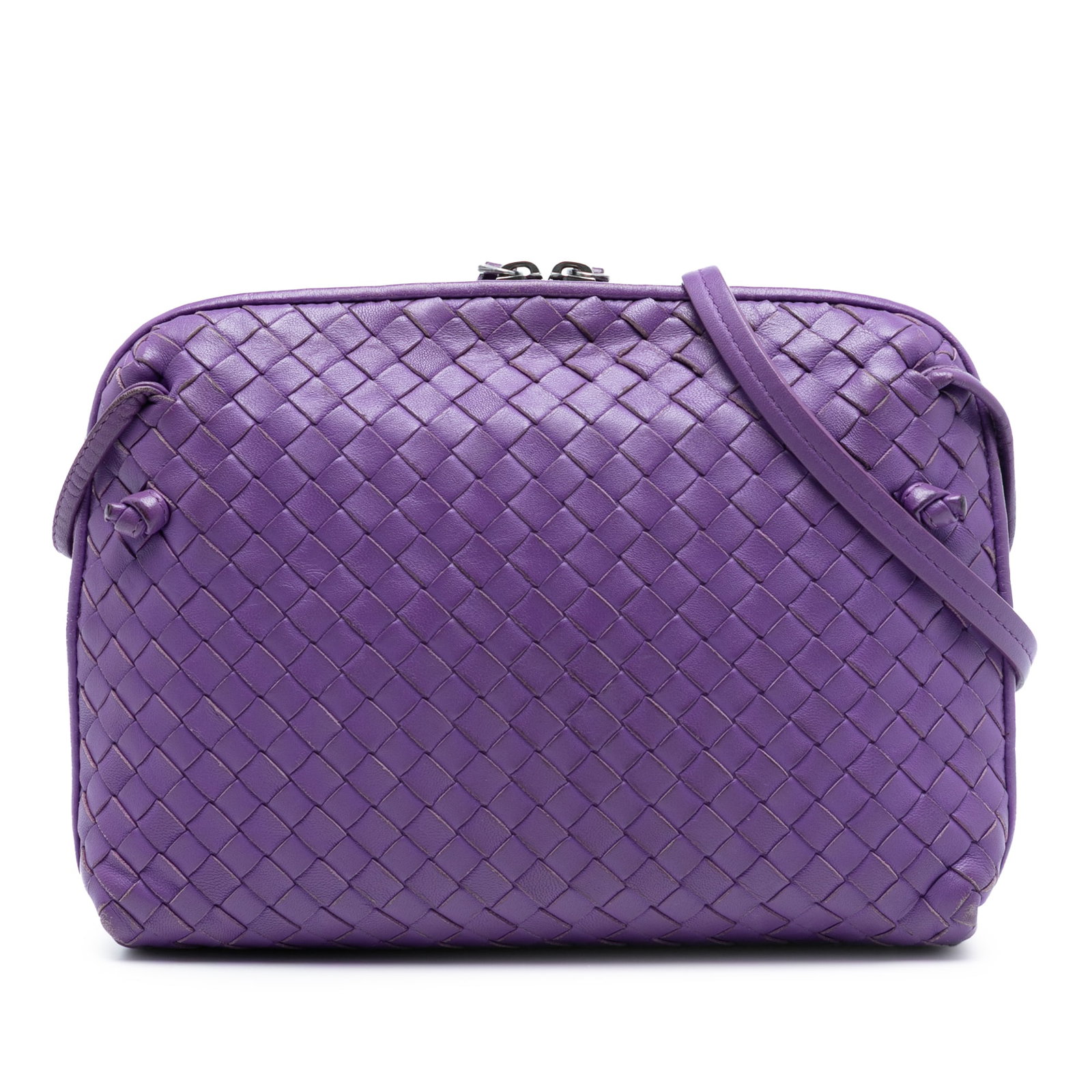 Bottega Veneta Nodini Purple Woven Leather Crossbody Bag: Bottega Veneta Nodini Purple Woven Leather Crossbody Bag This Bottega Veneta Nappa Intrecciato Nodini crossbody features a signature woven leather body in purple, complemented by a flat leather strap 