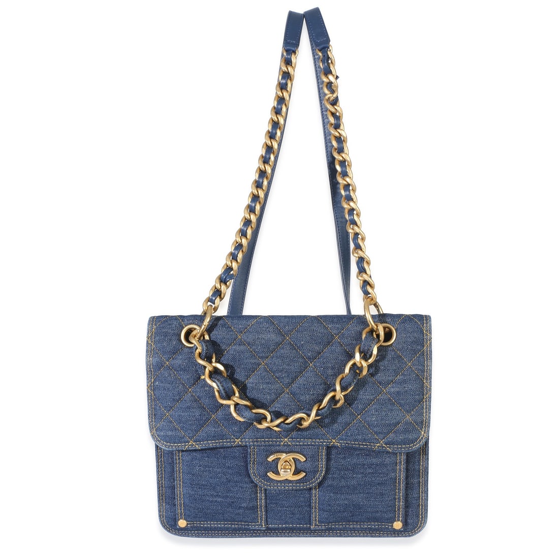 Chanel Double You Backpack Blue Quilted Denim Turnlock: Chanel Double You Backpack Blue Quilted Denim Turnlock Pre-owned Chanel Double You Backpack in dark blue quilted denim with a turnlock closure and gold-tone hardware. This unisex backpack is finished 
