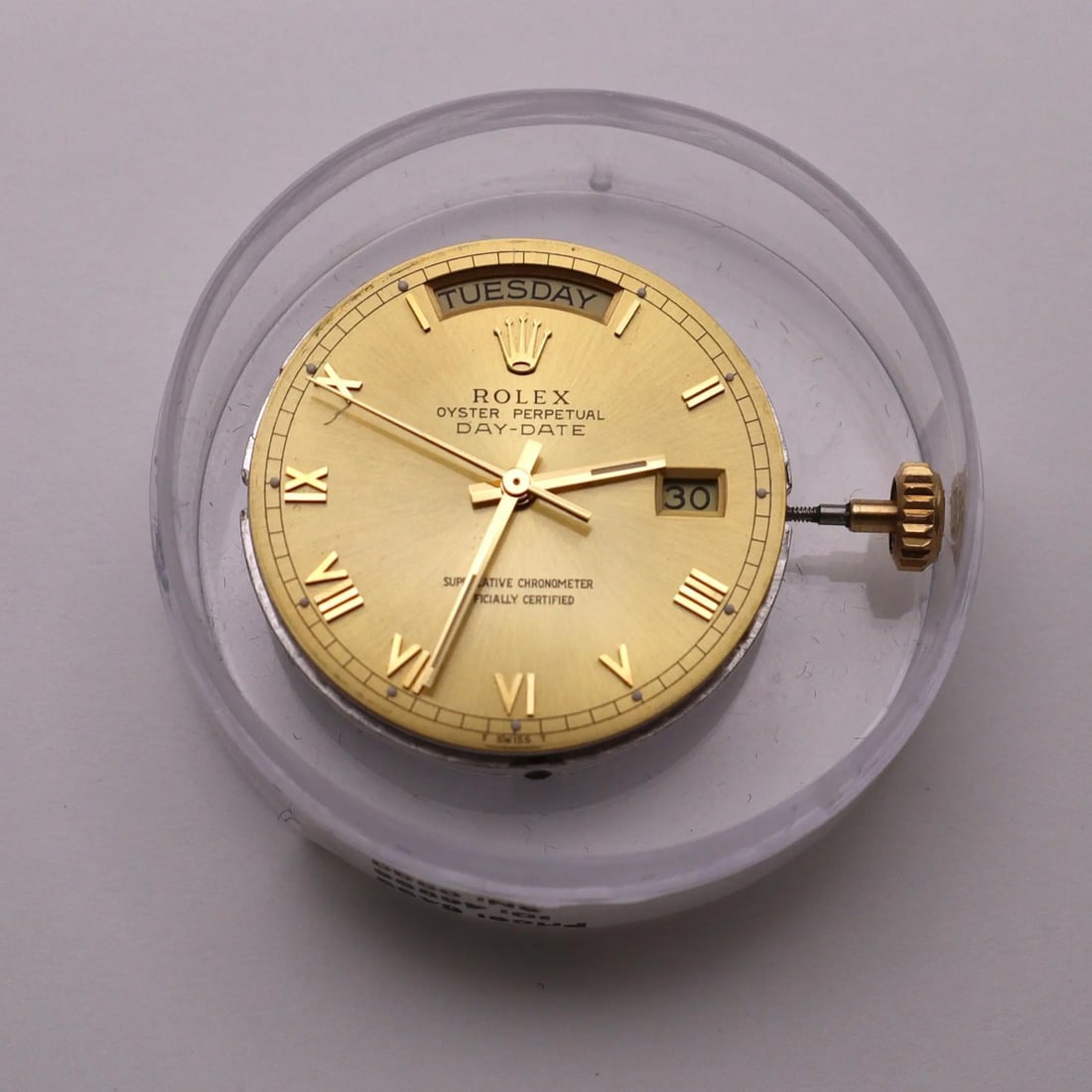 Refinished Dial for Rolex Oyster Perpetual Day Date Model 5055 Champagne: Refinished Dial for Rolex Oyster Perpetual Day Date Model 5055 Champagne This is a pre-owned Rolex Oyster Perpetual Day Date refinished dial in a champagne color, designed for men's luxury watches. It