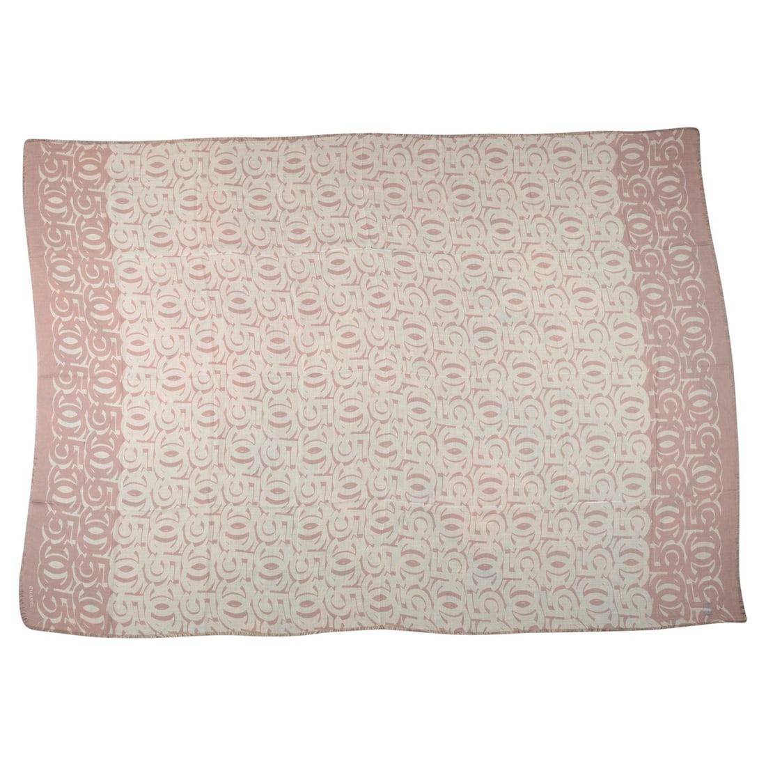 Chanel Cashmere Shawl in Pink and White Logo Print: Chanel Cashmere Shawl in Pink and White Logo Print This Chanel shawl is crafted from 100% cashmere and features a pink and white logo print throughout. Made in Italy, it is presented in un-used condit