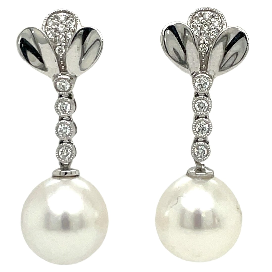 Harbor Diamonds 14KT White Gold Diamond Petal Drop Earrings with South Sea Pearls: Harbor Diamonds 14KT White Gold Diamond Petal Drop Earrings with South Sea Pearls Elevate your elegance with these stunning Diamond Petal South Sea Pearl Drop Earrings. Crafted in luxurious 14KT white