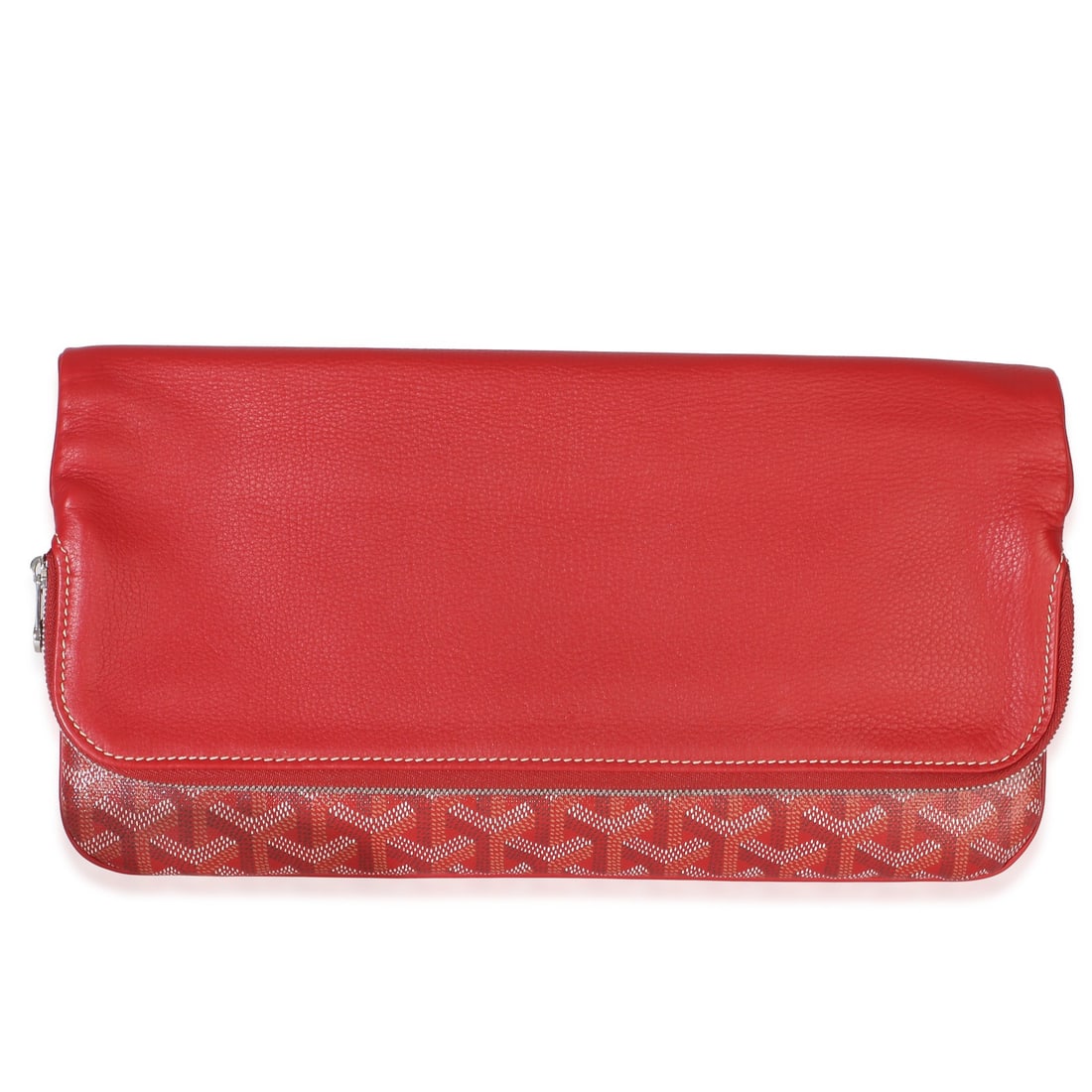 Goyard Sainte Marie zip clutch in red coated canvas: Goyard Sainte Marie zip clutch in red coated canvas A pre-owned unisex Sainte Marie Clutch in red Goyardine coated canvas. It features a zip-top closure, silver-tone hardware, canvas lining in yellow,