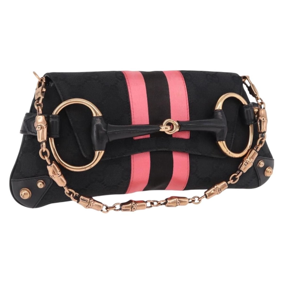 Gucci 129497 GG Canvas Bamboo Chain Horsebit Handbag Black Gold: Gucci 129497 GG Canvas Bamboo Chain Horsebit Handbag Black Gold Gucci hand bag in GG Canvas with a black and gold color scheme, made in Italy. It features a bamboo chain horsebit design and measures a