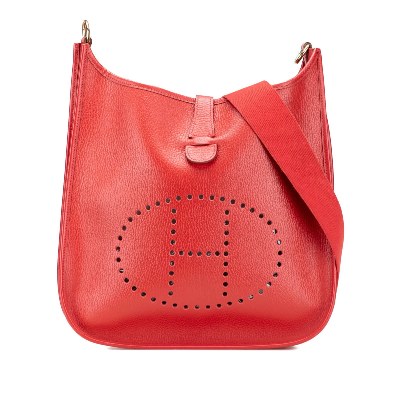 Hermes Clemence Evelyne I 33 Rouge Casaque Leather Bag: Hermes Clemence Evelyne I 33 Rouge Casaque Leather Bag The Hermes Clemence Evelyne I 33 is a stylish and functional bag crafted from luxurious Clemence leather in a striking Rouge Casaque color. This 