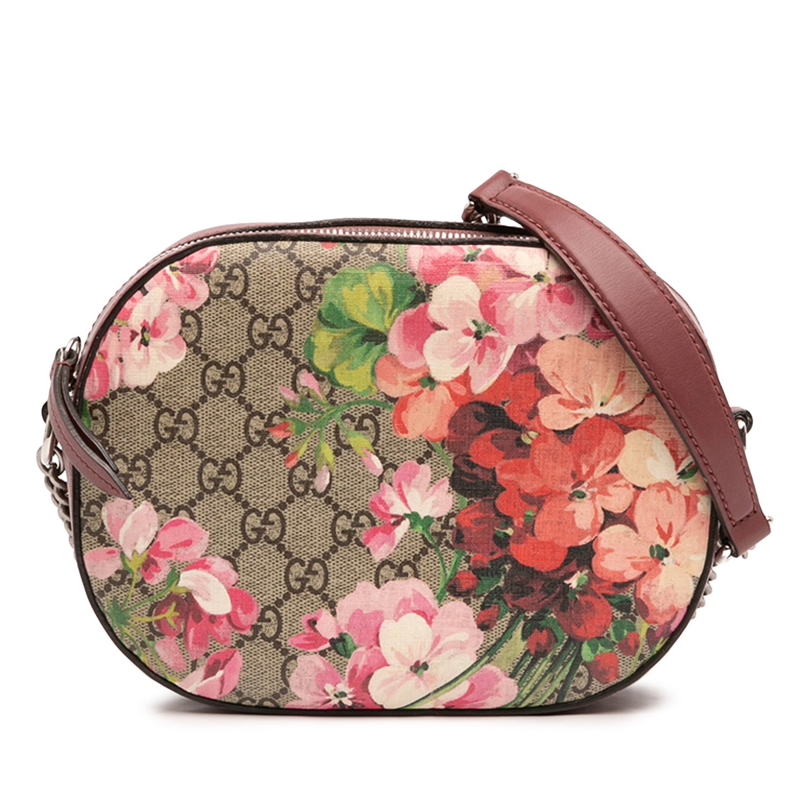 Gucci Mini GG Supreme Blooms Beige Chain Strap Crossbody Bag: Gucci Mini GG Supreme Blooms Beige Chain Strap Crossbody Bag This Gucci Mini GG Supreme Blooms Chain Crossbody bag features a printed coated canvas body with leather trim, a chain link strap with a le