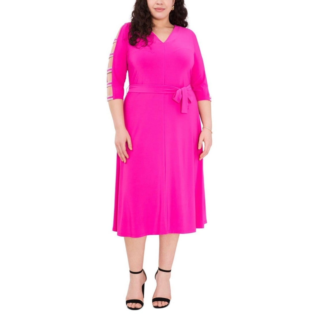 MSK Plus Size Fuchsia Glitter Sleeve MIDI Fit & Flare Dress 1X: MSK Plus Size Fuchsia Glitter Sleeve MIDI Fit & Flare Dress 1X Elevate your style with this stunning Msk Plus Size Ladder-Sleeve MIDI Fit & Flare Dress in fuchsia. Designed with attention to detail, t