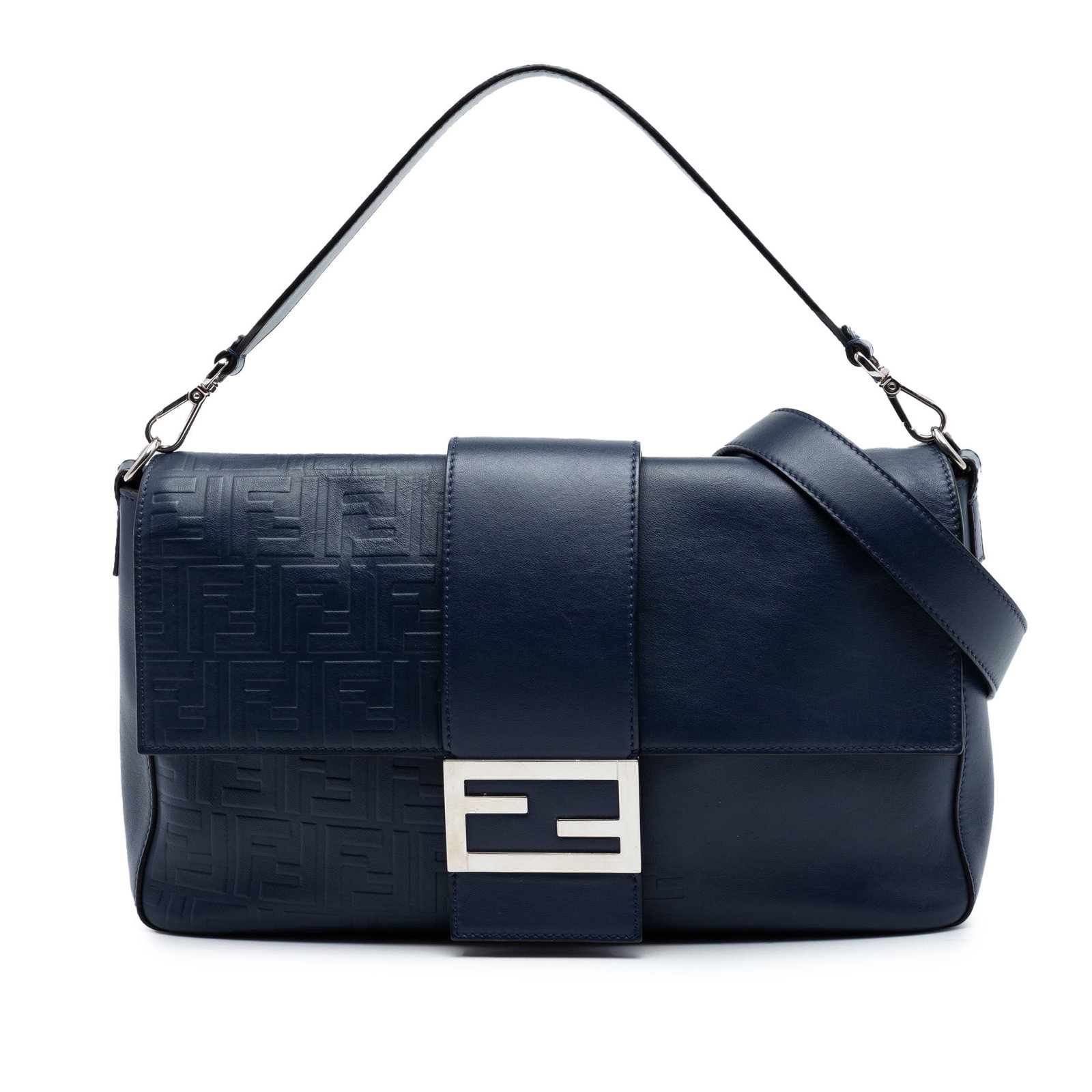 Fendi Zucca Embossed Leather Convertible Baguette Bag: Fendi Zucca Embossed Leather Convertible Baguette Bag This Fendi Large Zucca Embossed Leather Convertible Belt Baguette features a distinctive embossed leather exterior in blue, complemented by a deta