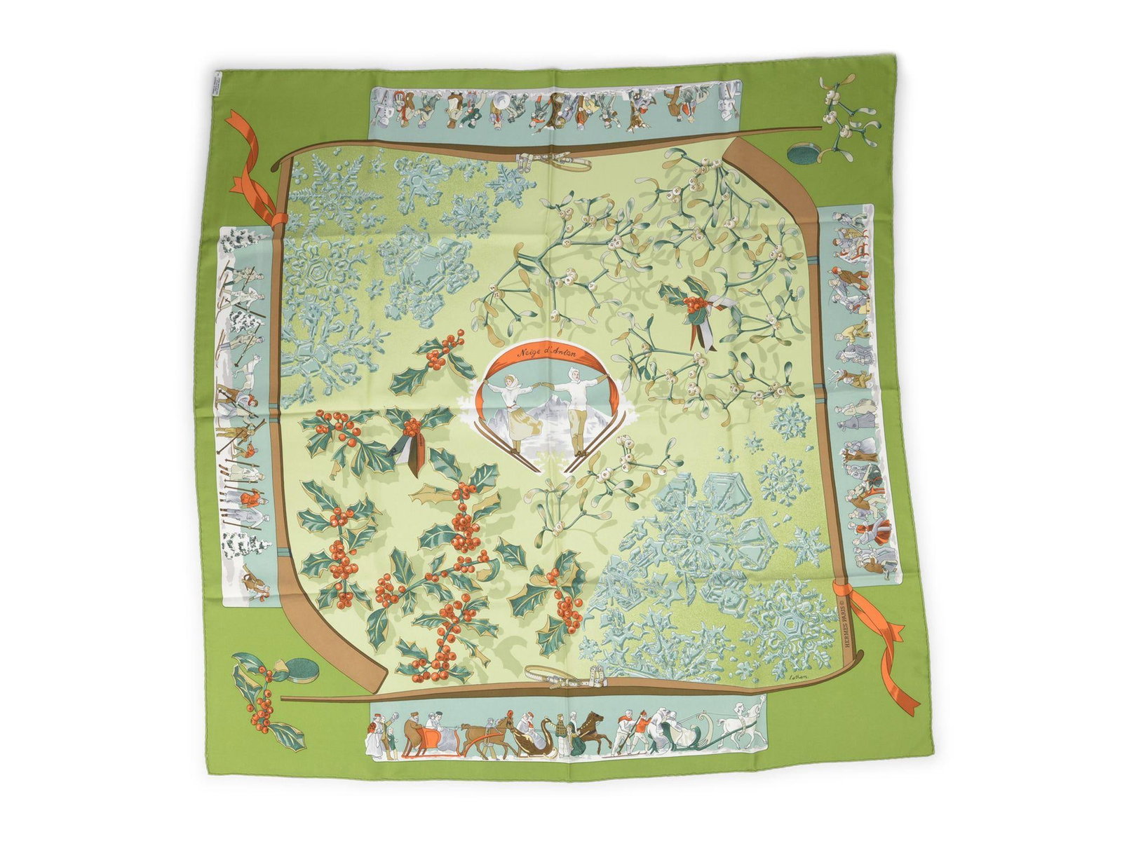 Hermes Neige d'Antan Silk Square Scarf by Caty Latham 32 Inch: Hermes Neige d'Antan Silk Square Scarf by Caty Latham 32 Inch This Hermes "Neige d'Antan" scarf is crafted from 100% silk and showcases a detailed winter ski scene with holly and snow motifs. Designed