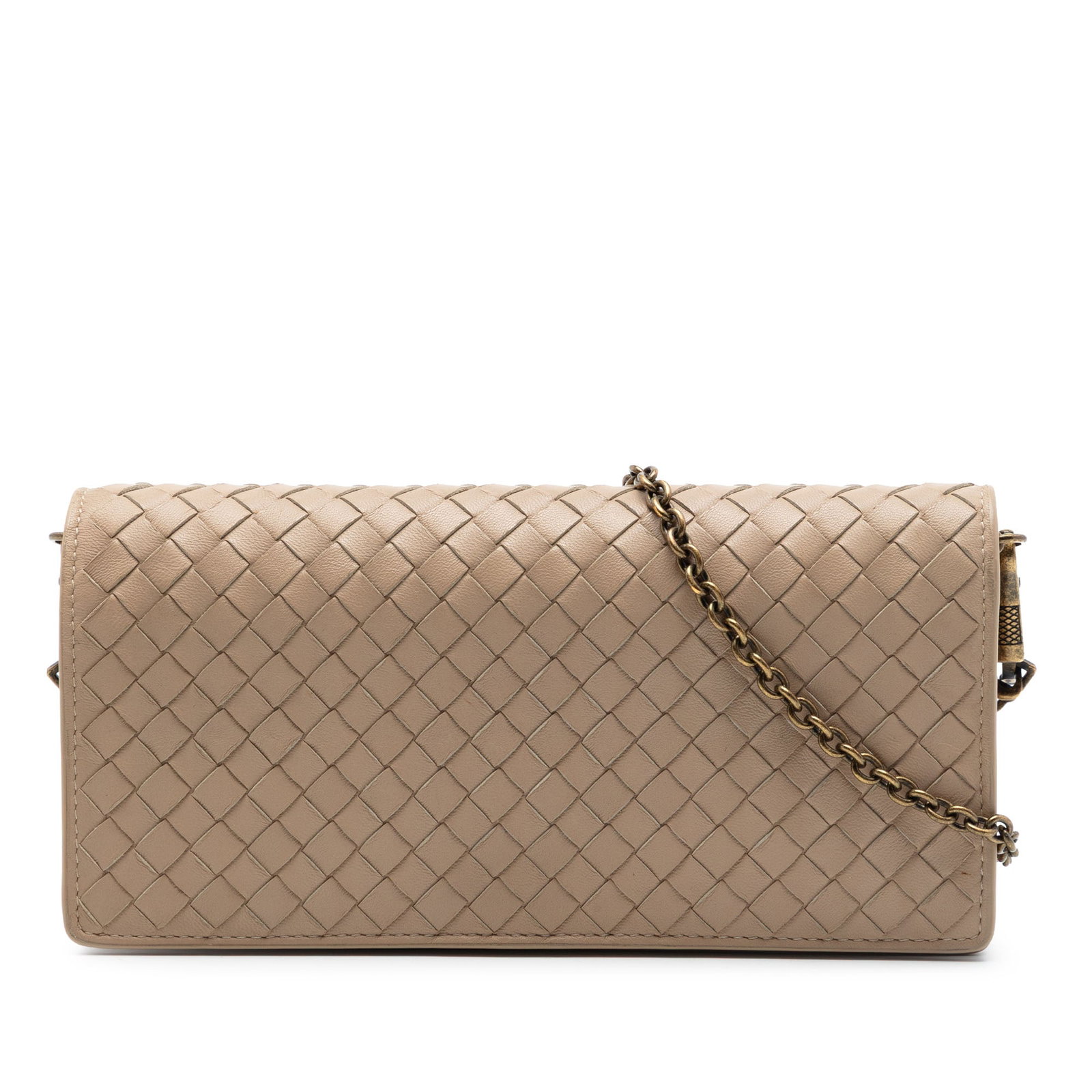 Bottega Veneta Intrecciato Nappa Leather Crossbody Wallet Chain Strap: Bottega Veneta Intrecciato Nappa Leather Crossbody Wallet Chain Strap Bottega Veneta Nappa Intrecciato Wallet On Chain crossbody bag in brown leather, made in Italy. It features a woven nappa leather 