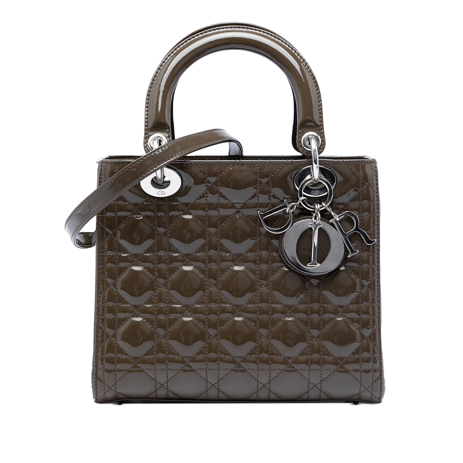Dior Lady Dior Medium Cannage Patent Leather Handbag Brown: Dior Lady Dior Medium Cannage Patent Leather Handbag Brown A medium Lady Dior bag in brown patent leather with the Cannage quilted design. It features flat leather top handles, a detachable flat leath