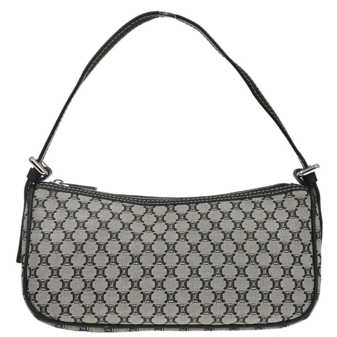 CELINE Macadam Top Handle Handbag Gray Canvas Leather Italy: CELINE Macadam Top Handle Handbag Gray Canvas Leather Italy Celine Macadam top handle handbag in gray and black canvas with leather trim. This medium handbag features the Macadam pattern, logo accents
