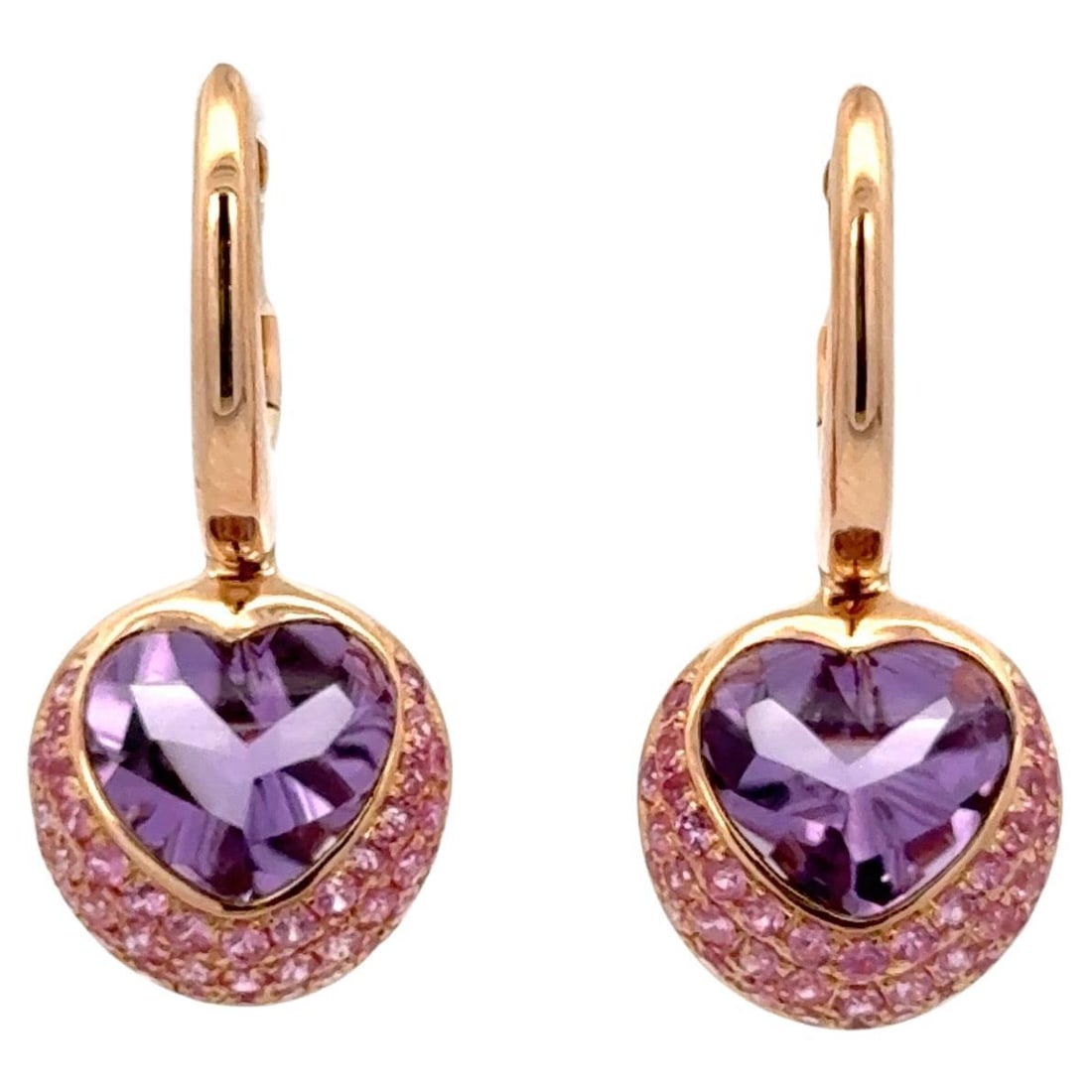 Harbor Diamonds 18K Rose Gold Amethyst Pink Sapphire Heart Drop Earrings 4.57 CTTW (1 of 5)