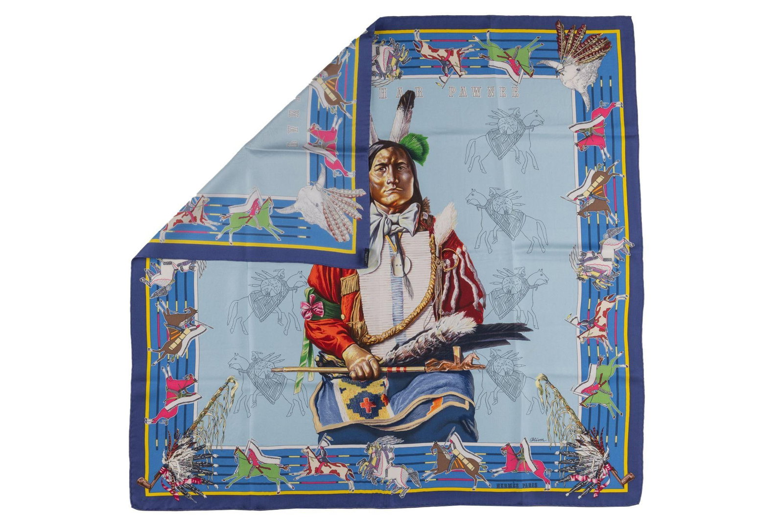 Silk Blue Hermes Pani La Shar Pawnee Scarf by Kermit Oliver: Silk Blue Hermes Pani La Shar Pawnee Scarf by Kermit Oliver This Hermes "Pani La Shar Pawnee" scarf is crafted from 100% silk in a blue colorway and features hand-rolled edges. The design, originally 