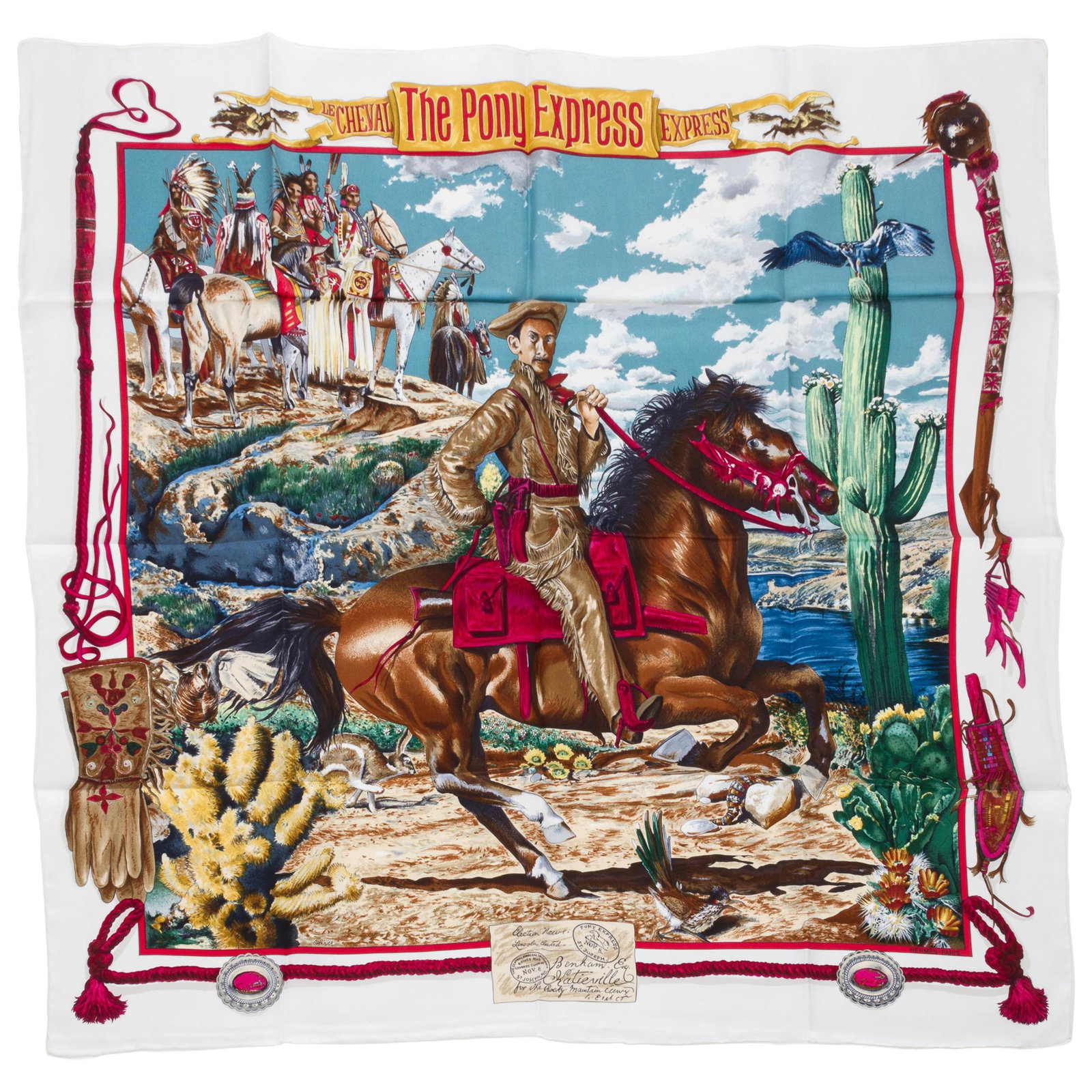 Pony Express Silk Scarf by Kermit Oliver for Hermes France 35 Inch: Pony Express Silk Scarf by Kermit Oliver for Hermes France 35 Inch This Hermes Pony Express silk twill scarf features a design by Kermit Oliver. It is crafted in France and showcases hand rolled edges