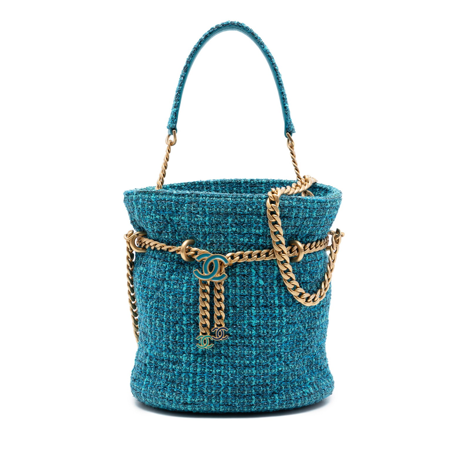 Chanel Pending CC Tweed Bucket Satchel with Chain Strap: Chanel Pending CC Tweed Bucket Satchel with Chain Strap Chanel Tweed Pending CC Top Handle Bucket Bag in blue tweed fabric, made in Italy. This satchel features a flat tweed and leather handle, a gold