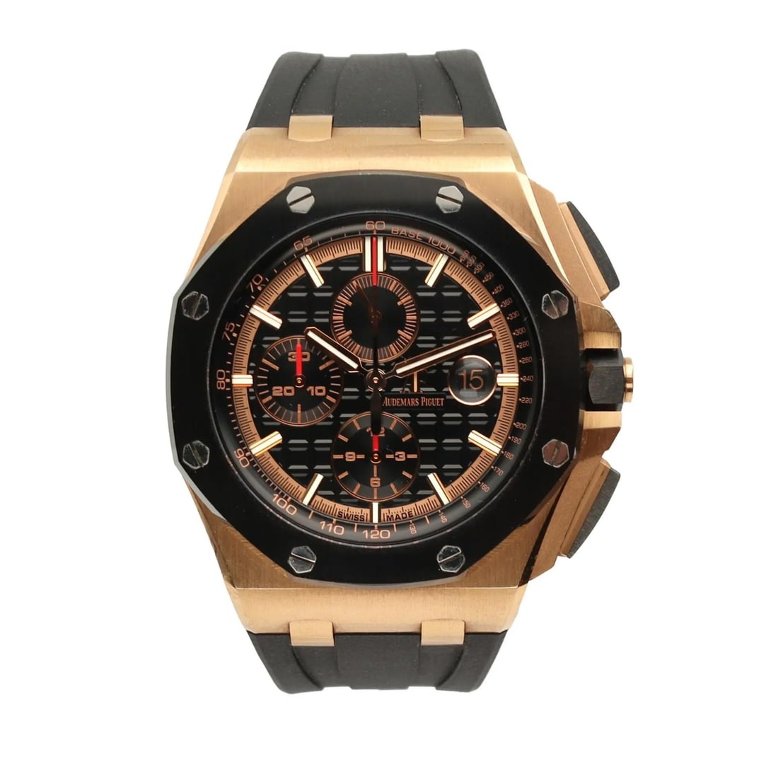 Audemars Piguet Royal Oak Offshore Rose Gold Automatic Watch 26401RO.OO.A002CA.02: Audemars Piguet Royal Oak Offshore Rose Gold Automatic Watch 26401RO.OO.A002CA.02 This Audemars Piguet Royal Oak Offshore wristwatch features a 44 mm octagonal case crafted from 18K rose gold, paired 