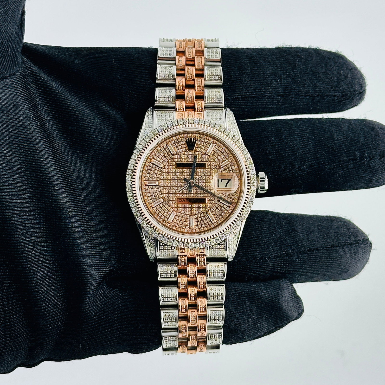 Rolex Aftermarket Iced Out Stick Dial Datejust Ref 1601 With Aftermarket Jubilee Diamond Bracelet: Rolex Aftermarket Iced Out Stick Dial Datejust Ref 1601 With Aftermarket Jubilee Diamond Bracelet This Rolex Datejust features an Aftermarket Iced Out Stick dial, a diamond bezel, and an Aftermarket J