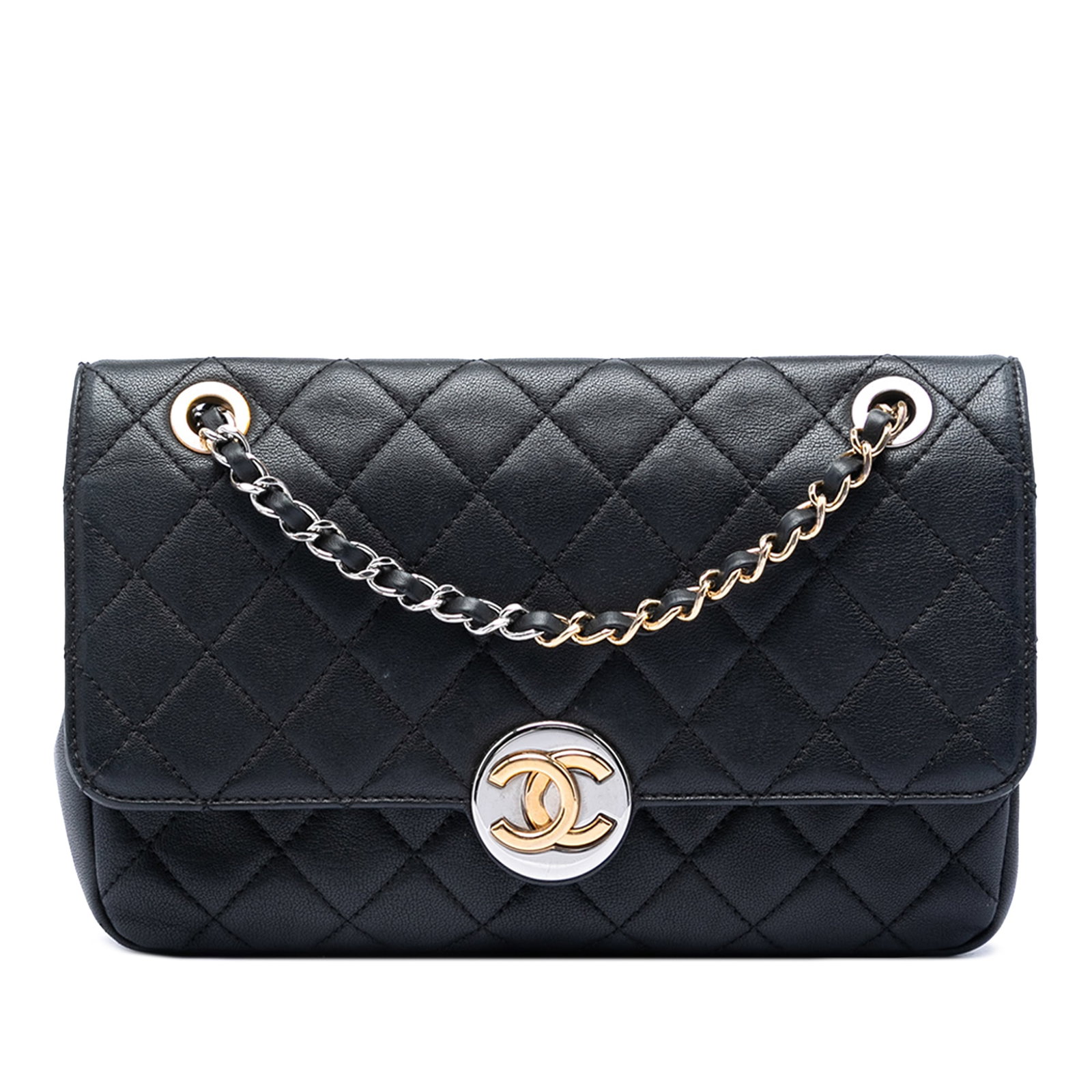 Chanel Quilted Lambskin Flap Crossbody Bag Black: Chanel Quilted Lambskin Flap Crossbody Bag Black A Chanel crossbody bag from the Quilted Lambskin Turn and Lock Flap model, crafted in black quilted lambskin leather. It features a leather-woven chain