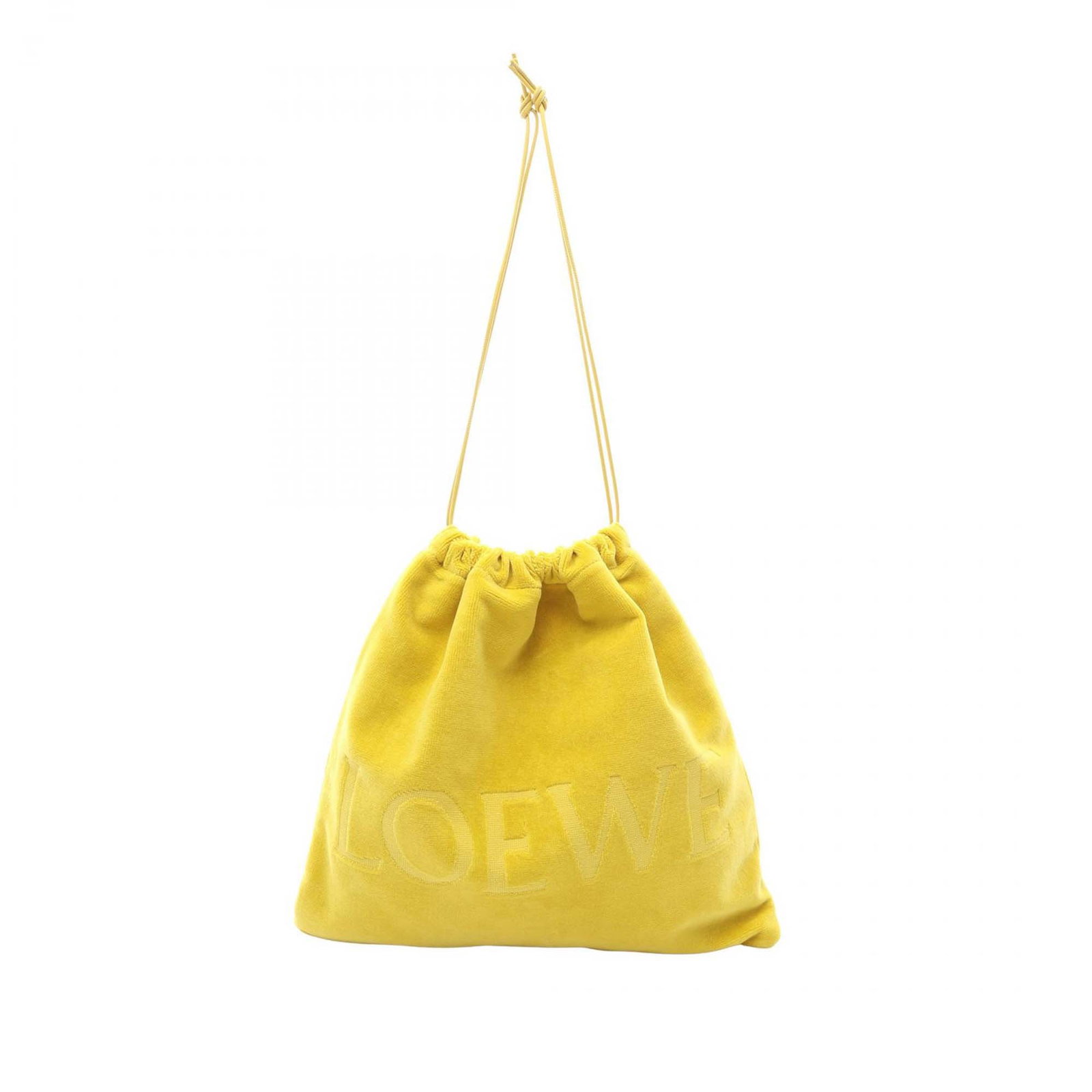 LOEWE Paulas Ibiza Drawstring Pouch in Yellow Terry Cloth: LOEWE Paulas Ibiza Drawstring Pouch in Yellow Terry Cloth Loewe Paulas Ibiza Terry Cloth Drawstring Pouch in yellow fabric, made in Spain. This bag features a drawstring pouch design and measures 36 c