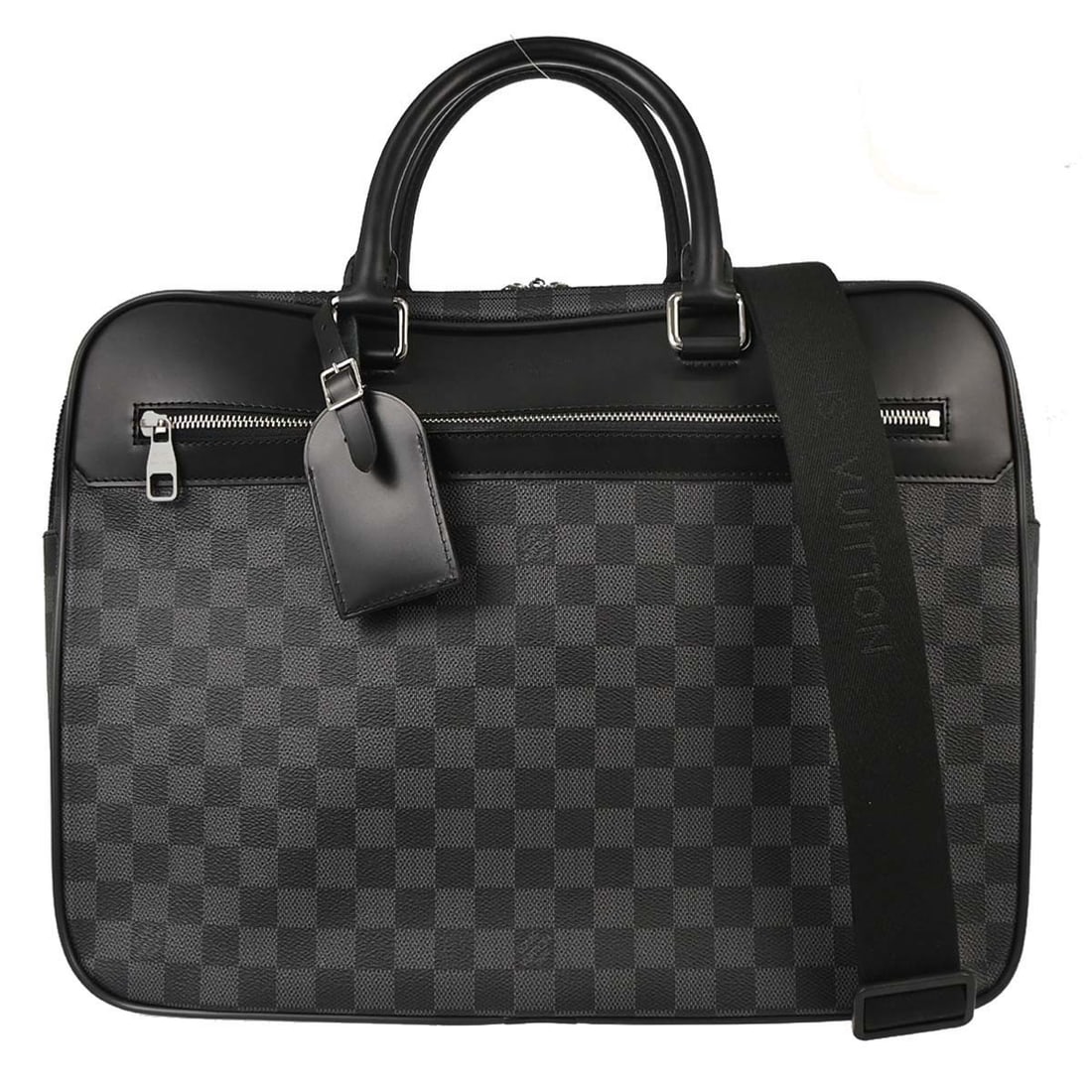 Louis Vuitton Overnight N41004 Damier Graphite Briefcase with Shoulder Strap: Louis Vuitton Overnight N41004 Damier Graphite Briefcase with Shoulder Strap Louis Vuitton Overnight business handbag in Damier Graphite canvas with leather trim and a zip closure. This large briefcas
