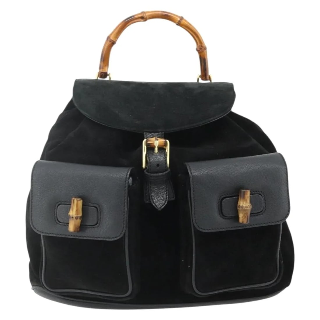 Gucci Vintage Bamboo black suede backpack Italy: Gucci Vintage Bamboo black suede backpack Italy This Gucci Vintage Bamboo Backpack is crafted from black suede and designed for women. Made in Italy, it features the iconic bamboo handle and metal fit