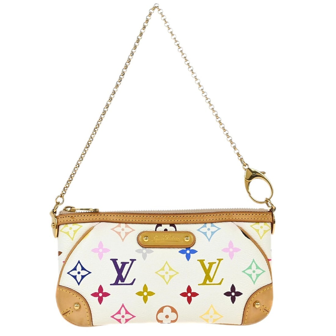 Louis Vuitton Pochette Milla MM White Multicolor Canvas Pouch M60096: Louis Vuitton Pochette Milla MM White Multicolor Canvas Pouch M60096 Louis Vuitton Pochette Milla MM in white Monogram Multicolor canvas with leather trim. This small pouch-style handbag features a zi