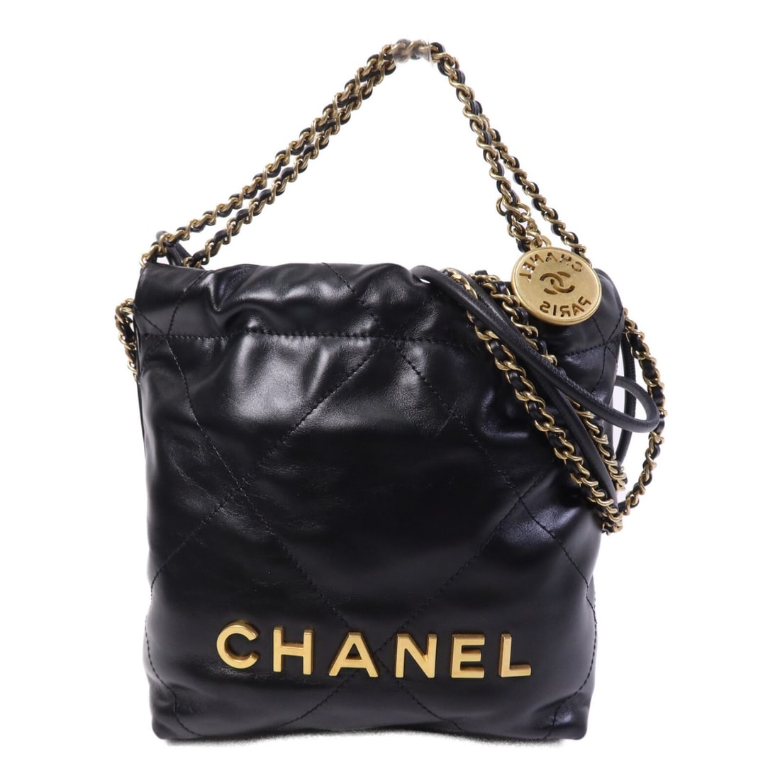 CHANEL AS3261 C22 Mini 2 Way Shoulder Bag Black Calfskin: CHANEL AS3261 C22 Mini 2 Way Shoulder Bag Black Calfskin CHANEL C22 Mini 2 Way Chain Shoulder Bag in black calfskin (cowhide) leather, designed for women. This 2-way shoulder bag features black frame 